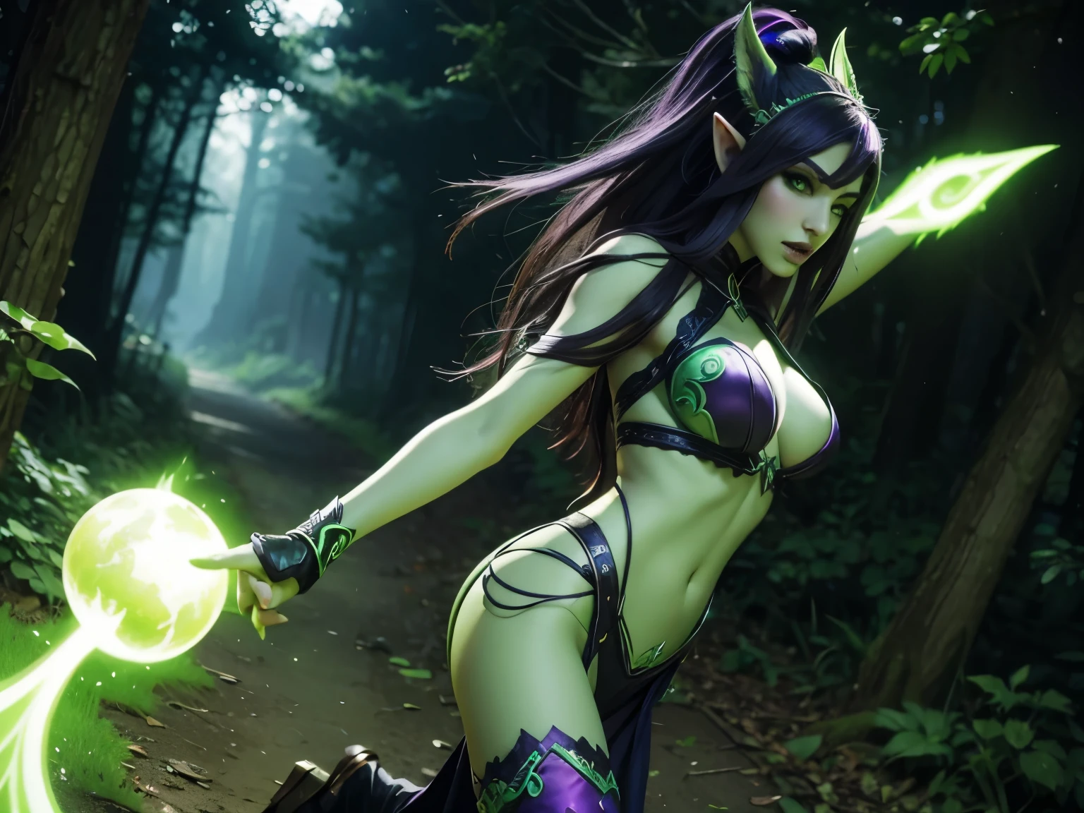 World of Warcraft，A green female night elf running through the woods