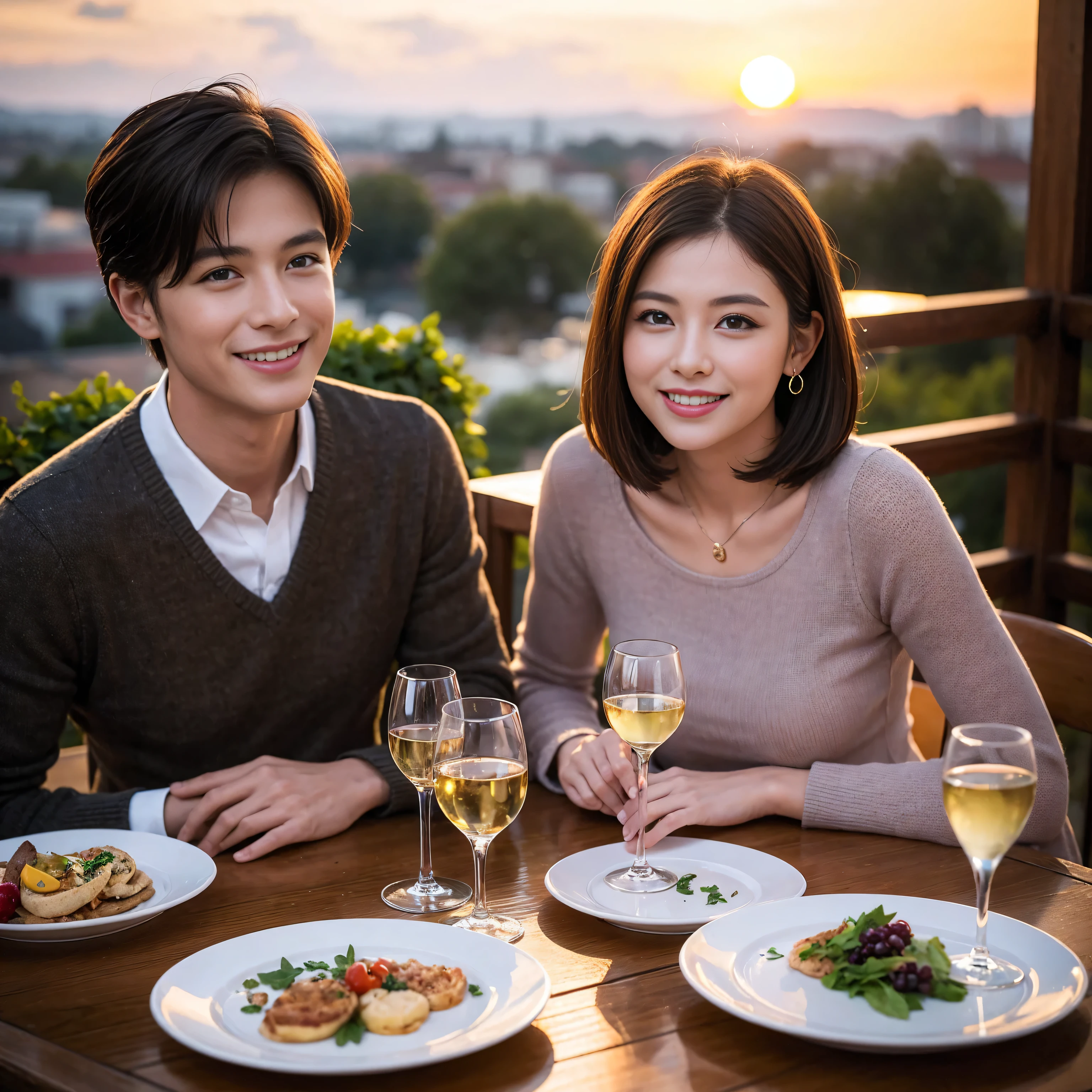 ((highest quality、8k、masterpiece:1.3))、 (Realistic, Bright image、Intricate details:1.2), 1 male 1 female、Real、lover、couple、spouse、Handsome Men and Beautiful Women、Beautiful couple、Happy smile、full-course dinner、 (Slim face), (Slim Body), (Brown Hair), (Short Hair), Wine glass on the table、Please put light on my face、 Amazing view of the sunset sky and clouds、 (Age 35), 39 years old, red wine 、Appetizers、Wine bottle、sparkling wine、Long sleeve shirt、dress、White wine, red wine, wine glass, 