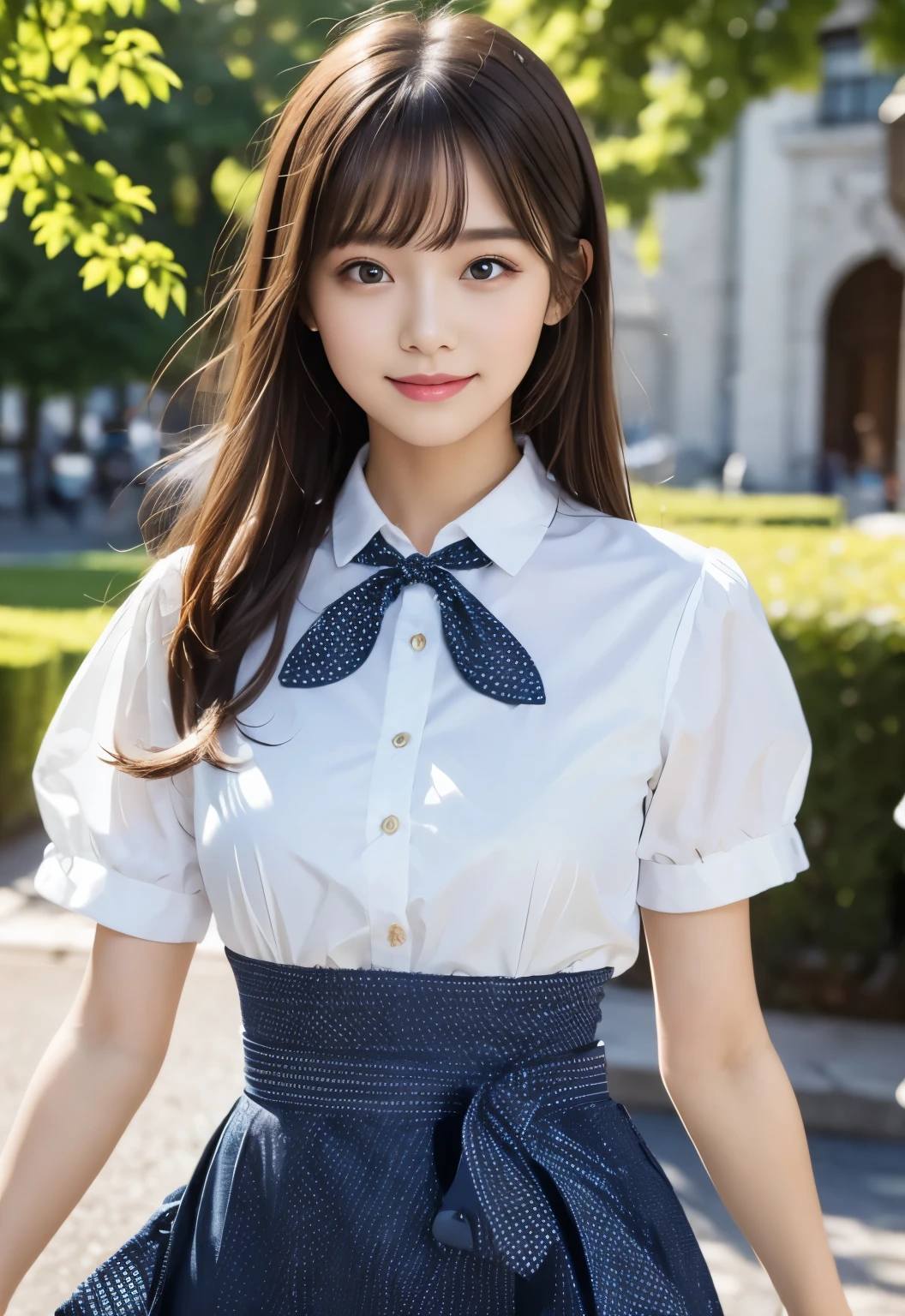 Young girl wearing white blouse with blue ribbon at chest and tartan check skirt, finely detail, beautiful detailed women,flat chest, A dark-haired,a smile,showing teeth,Looking here,Chest is not open,Full body like