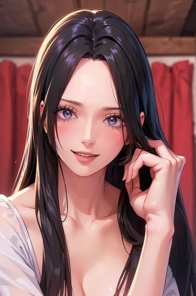 (((masterpiece))), (((best quality))), ((ultra-detailed)), (highly detailed CG illustration), Boa Hancock, , (masterpiece:1.5), Detailed Photo, Smiling, Sexy, (Best Quality: 1.4), (1girl), Beautiful Face, (Black Hair, long Hair: 1.3), Beautiful Hairstyle, beautiful detail eyes, (realistic skin), beautiful skin, absurd, attractive, ultra high resolution, high definition, (sexually aroused:1.5), Pinkish white skin, cool white light, sexy pose, Beautiful , white background, pink soft white light, Wear a white dress