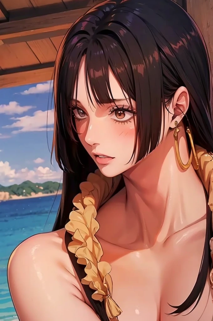 Anime character Brazilian indigenous adult woman, beige dress, brown skin, long hair with bangs, sitting on the riverside, masterpiece, best quality, detailed skin, detailed eyes, orange eyes,8k, good shading, beautiful strokes, detailed background, good anatomy