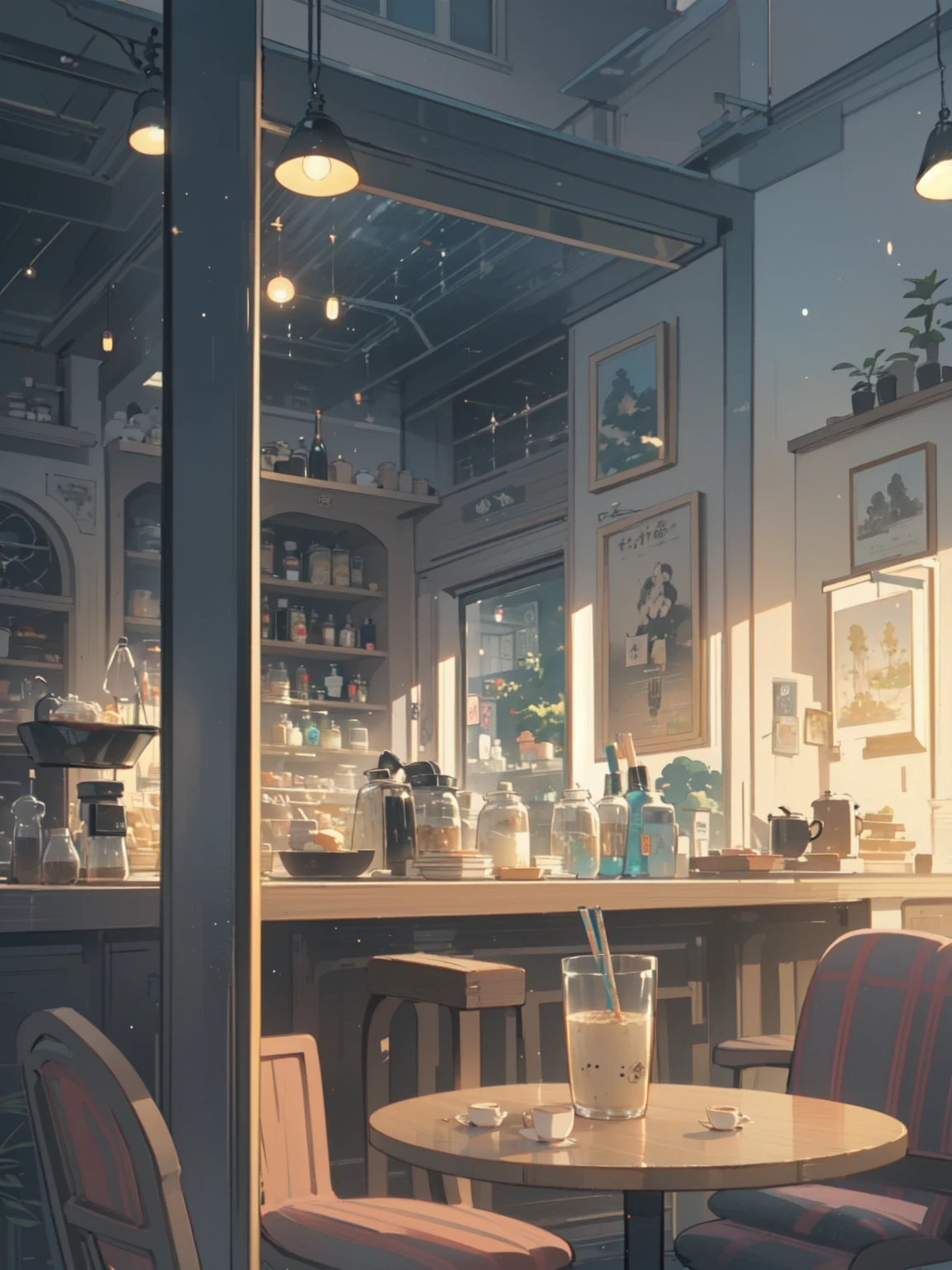 (coffee shop, cafe, cafe latte, relax mood, daytime), crowd, mob, early summer air, aesthetic, Ghibli background style, cute storybook illustration, gentle soft lighting, Giorgio Morandi Colors, thick line graph, full-color illustration, cover illustration, scenery, dabai style, masterpiece, Best quality at best,