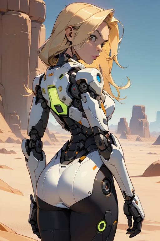 high quality, 4k, masterpiece, beautiful, cyborg girl, cowboy shot, dull eyes, back side, turning around to look at viewer, long blonde hair, girl, small breasts, fit thigh, robotic arms, robotic body, cyborg body, yellow accent, red accent, intricate detail, joint, detailed lines, robotic detail, 1fist on hip, color robotic parts, robotic parts with color, perfect fingers, white pleated micro skirt.on a desert planet, sunny background, colorful desert,