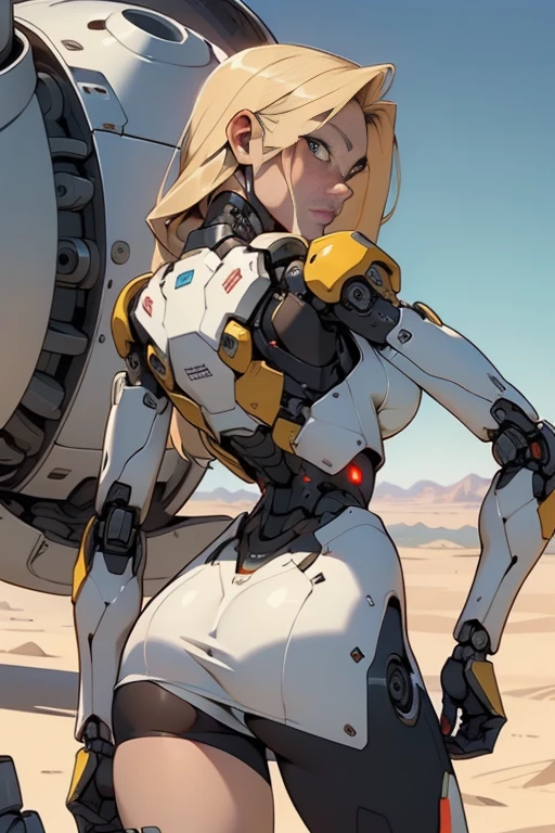 high quality, 4k, masterpiece, beautiful, cyborg girl, cowboy shot, dull eyes, back side, turning around to look at viewer, long blonde hair, girl, small breasts, fit thigh, robotic arms, robotic body, cyborg body, yellow accent, red accent, intricate detail, joint, detailed lines, robotic detail, 1fist on hip, color robotic parts, robotic parts with color, perfect fingers, white pleated micro skirt.on a desert planet, sunny background, colorful desert,