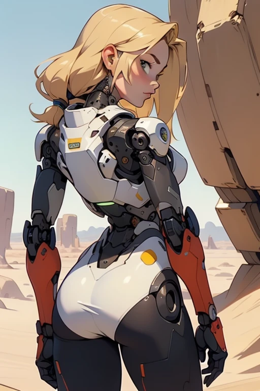 high quality, 4k, masterpiece, beautiful, cyborg girl, cowboy shot, dull eyes, back side, turning around to look at viewer, long blonde hair, girl, small breasts, fit thigh, robotic arms, robotic body, cyborg body, yellow accent, red accent, intricate detail, joint, detailed lines, robotic detail, 1fist on hip, color robotic parts, robotic parts with color, perfect fingers, white pleated micro skirt.on a desert planet, sunny background, colorful desert,
