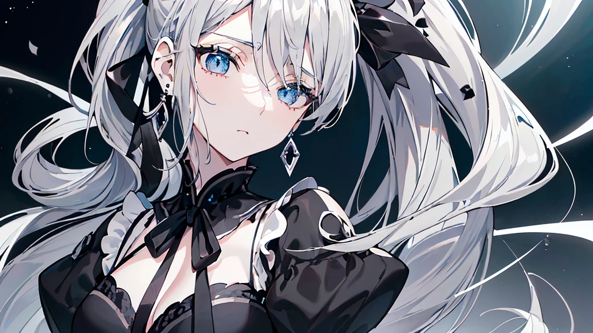 ((Beautiful and elegant girl)), Big Blue Eyes, 1. Slender women, Slightly larger breasts, ((Gray Hair),((Black ribbon ponytail,)),In 8K, highest quality, (Highly detailed head: 1.0), (Highly detailed face: 1.0), (Highly detailed hair: 1.0),((Black Costume)、Jewelry Earrings,Detailed official artwork, Beautiful and detailed anime art,(Expressionless)