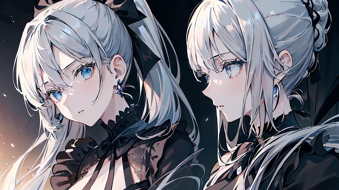 ((Beautiful and elegant girl)), Big Blue Eyes, 1. Slender women, Slightly larger breasts, ((Gray Hair),((Black ribbon ponytail,)),In 8K, highest quality, (Highly detailed head: 1.0), (Highly detailed face: 1.0), (Highly detailed hair: 1.0),((Black Costume)、Jewelry Earrings,Detailed official artwork, Beautiful and detailed anime art,(Expressionless)