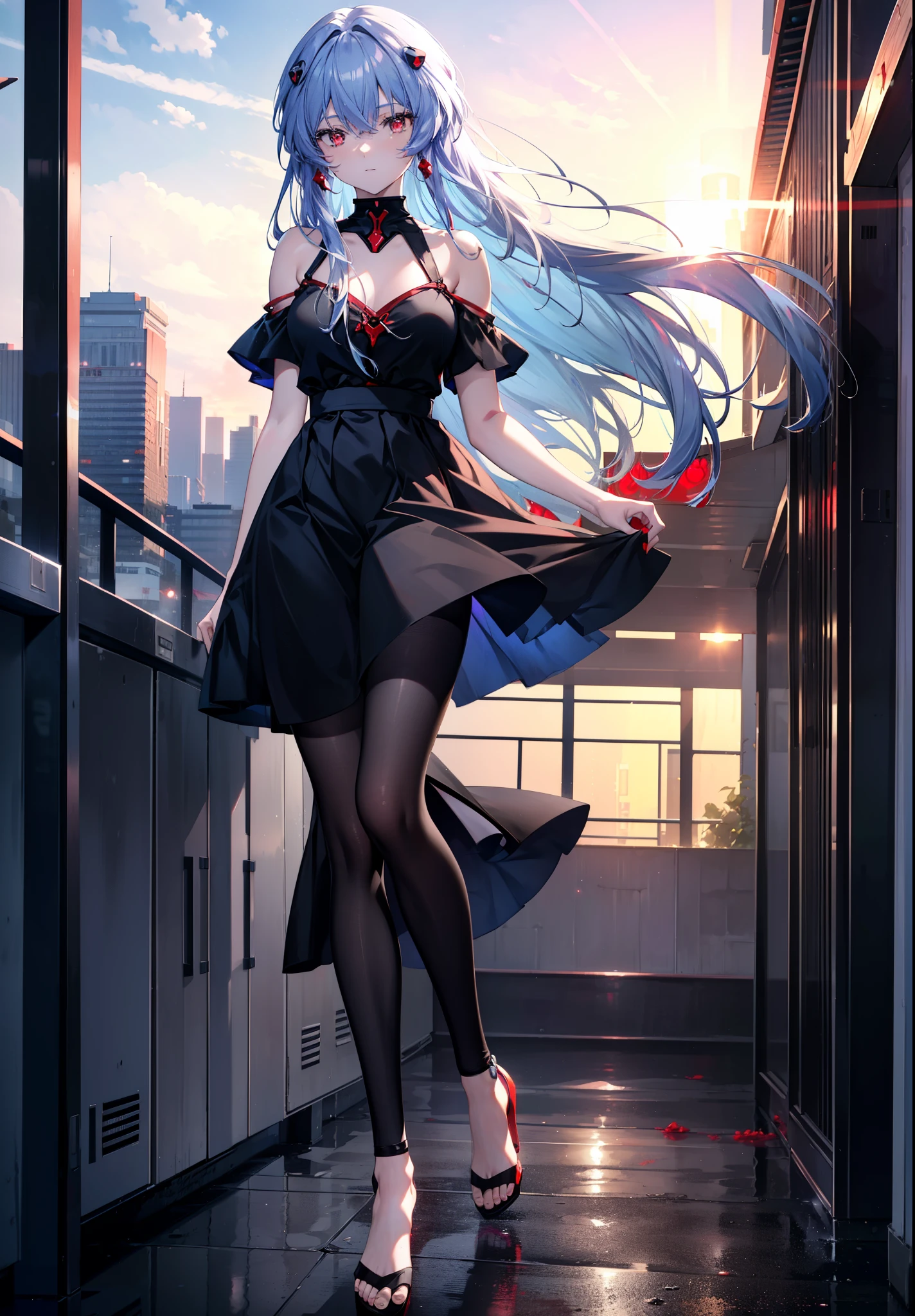 reiayanami, Rei Ayanami, Blue Hair, Long Hair, (Red ruby eyes:1.5),smile,black cold shoulder tops,Short sleeve,black long skirt,Black pantyhose,Stiletto heels,evening,sunset,walking,whole bodyがイラストに入るように,
break outdoors, ビル街
break looking at viewer, whole body,
break (masterpiece:1.2), highest quality, High resolution, unity 8k wallpaper, (figure:0.8), (Beautiful fine details:1.6), Highly detailed face, Perfect lighting, Highly detailed CG, (Perfect hands, Perfect Anatomy),