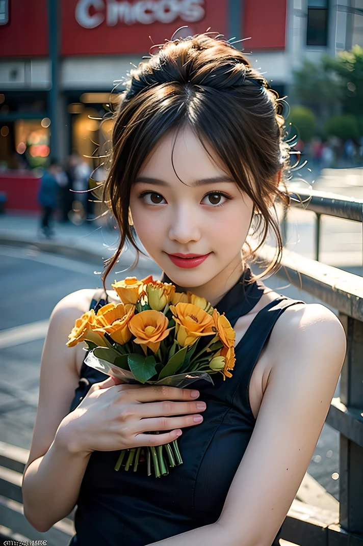 (8k, RAW Photos, highest quality、masterpiece:1.2), (Realistic、Realistic:1.37), Super detailed, High resolution, 1 girl, laughing、View your viewers, Beautifully detailed face、(Holding a bouquet:1.3),Beautiful and detailed skin、Skin Texture、Floating Hair、Professional Lighting、