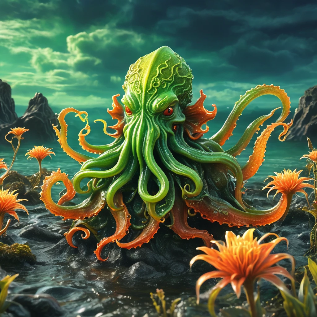 best quality, very good, 16K, ridiculous, Extremely detailed, Lovely(((Cthulhu:1.3))),Made of translucent boiling lava, Background grassland((A masterpiece full of fantasy elements))), ((best quality)), ((Intricate details))(8k)