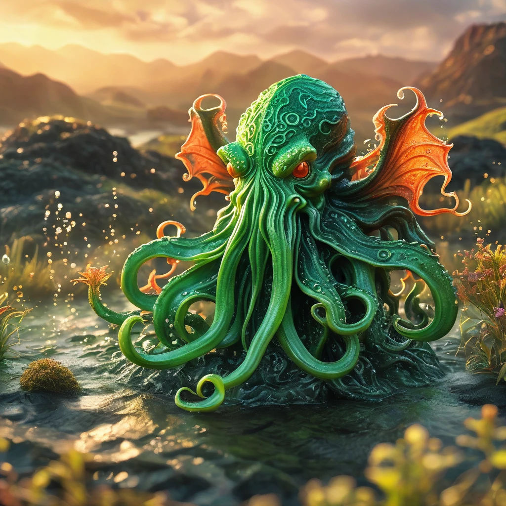 best quality, very good, 16K, ridiculous, Extremely detailed, Lovely(((Cthulhu:1.3)))，Made of translucent boiling lava, Background grassland（（A masterpiece full of fantasy elements）））， （（best quality））， （（Intricate details））（8k）