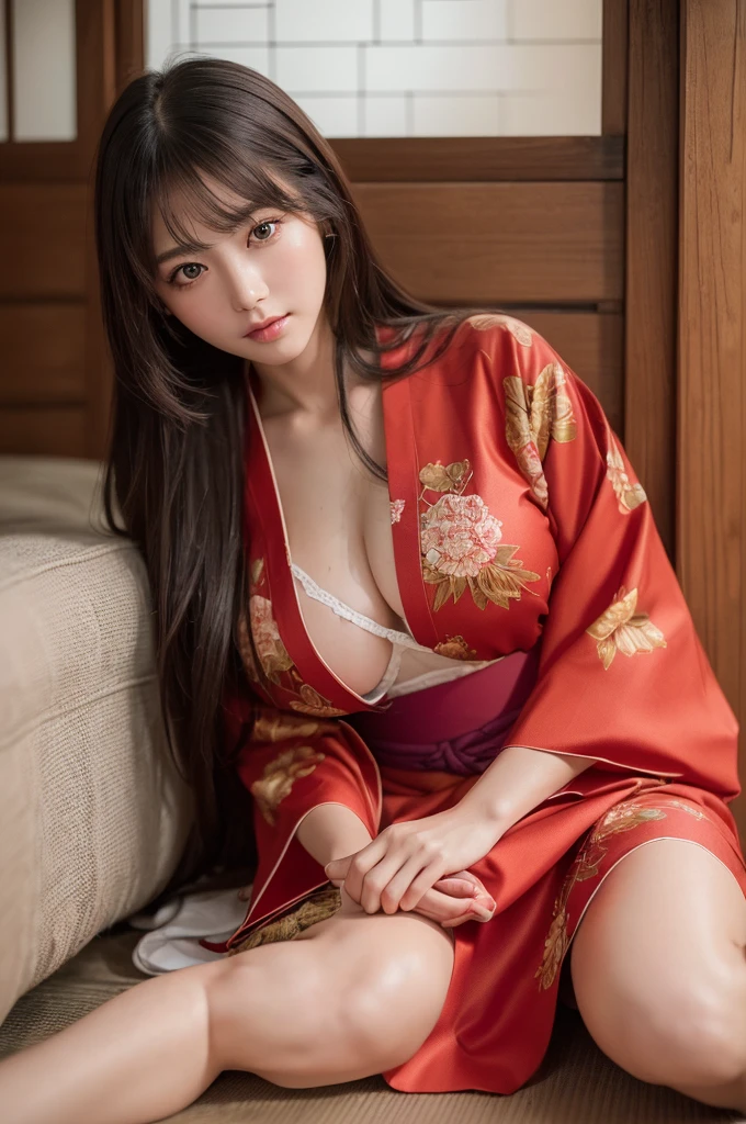 (high resolution、high quality、High resolution、detailed、8k、masterpiece)、超A high resolution、(Photorealistic:1.3)、RAW Photos、((Ultra-Realistic Details))、Portrait、Global Illumination、Shadow、Octane Rendering、8k、Super sharp、Beautiful breasts、Beautiful Eyes、非常に複雑なdetailed、Realistic Light、CGSoation Trend、ネオンのdetailed、The light is gentle、1 girl、Bewitching Charm、Super long hair that reaches below the waist、Hime cut、She is wearing a seductive red Japanese kimono in a sloppy manner.、A cute face that exudes innocence、sitting with one's legs spread out on the tatami、(A dimly lit room in a samurai residence、In the back is a Japanese garden)、((Amazingly cute))、The glimpse of her chest from the chest of her kimono is very erotic.、Her long, slender white thighs are also sexy.、Healthy Body、28age、wide shot、full body、It feels like you're really there、Dignified、Immediately after sex、sexy、Smiling at the camera、Glowing Skin、A pose that really gets men excited、A face that everyone will fall in love with、The light of the lantern、barefoot、Red belt、fan