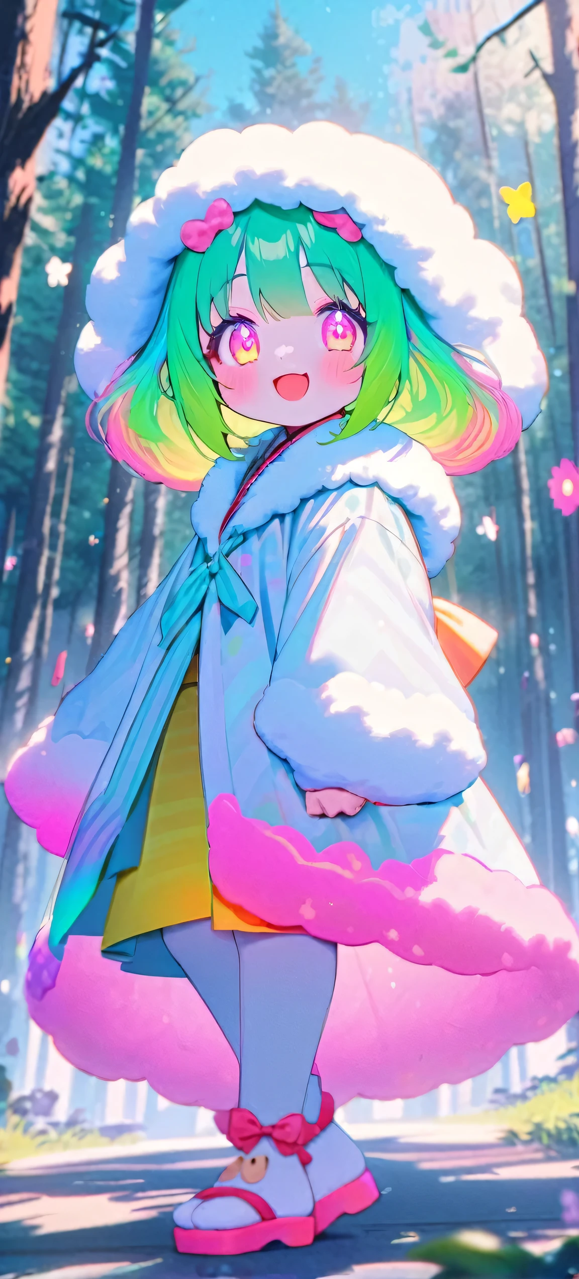  , change, Fluffy outfit , 
1 Girl, kimono, Glowing eyes, Colorful glowing hair , Full Body Love, Green Hair,
  Kawaiitech, Soft colors, Kawaii, Lovely colors,happy face, forest