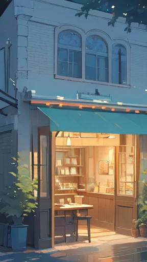 (coffee shop, cafe, cafe latte, relax mood, daytime), crowd, mob, early summer air, aesthetic, Ghibli background style, cute storybook illustration, gentle soft lighting, Giorgio Morandi Colors, thick line graph, full-color illustration, cover illustration, scenery, dabai style, masterpiece, Best quality at best,