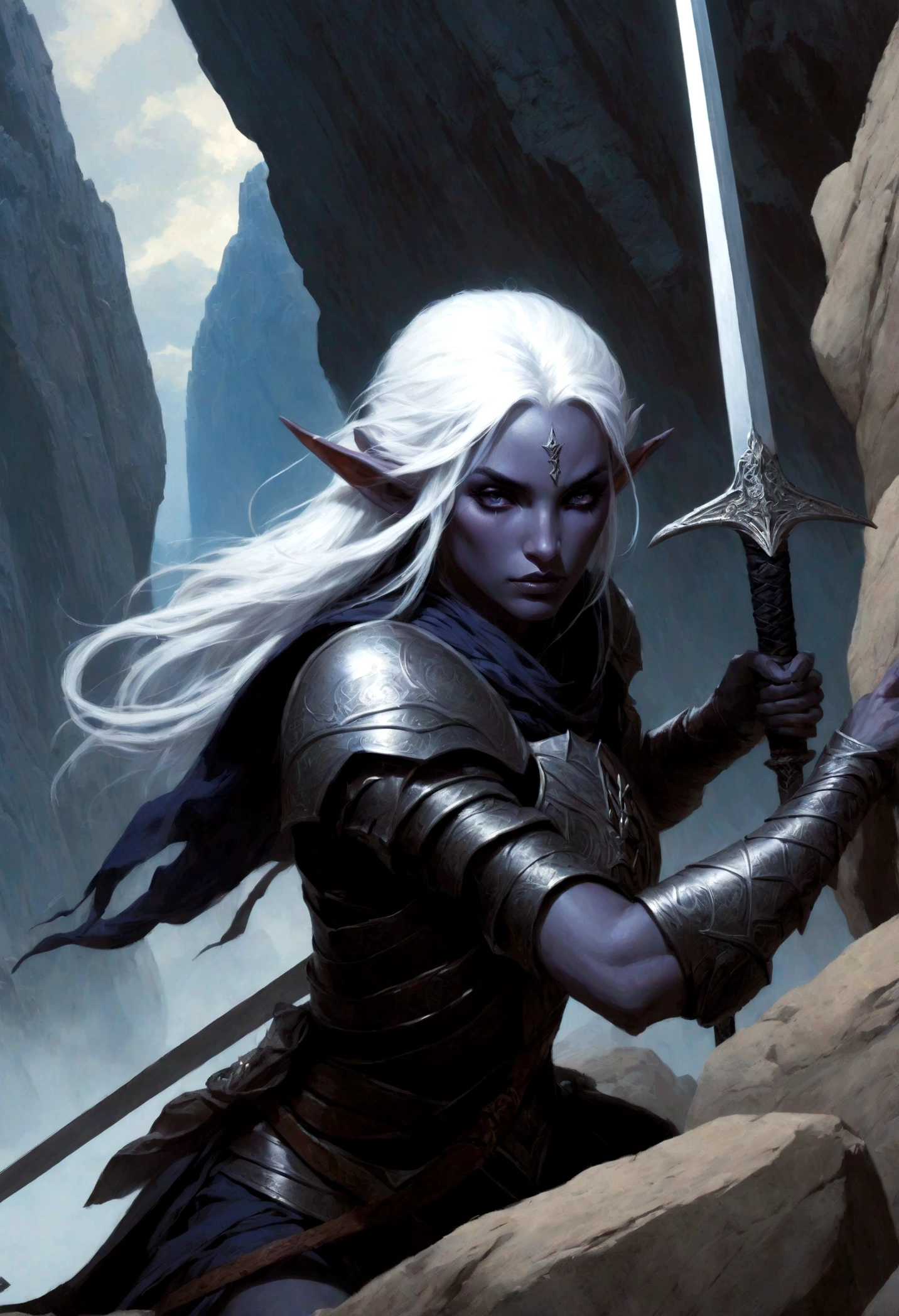 Close-up of a woman holding a sword near the rocks,climb岩,climb, Noah Bradley (Noah Bradley) Inspiring Portraits,Dark Elves,Drow