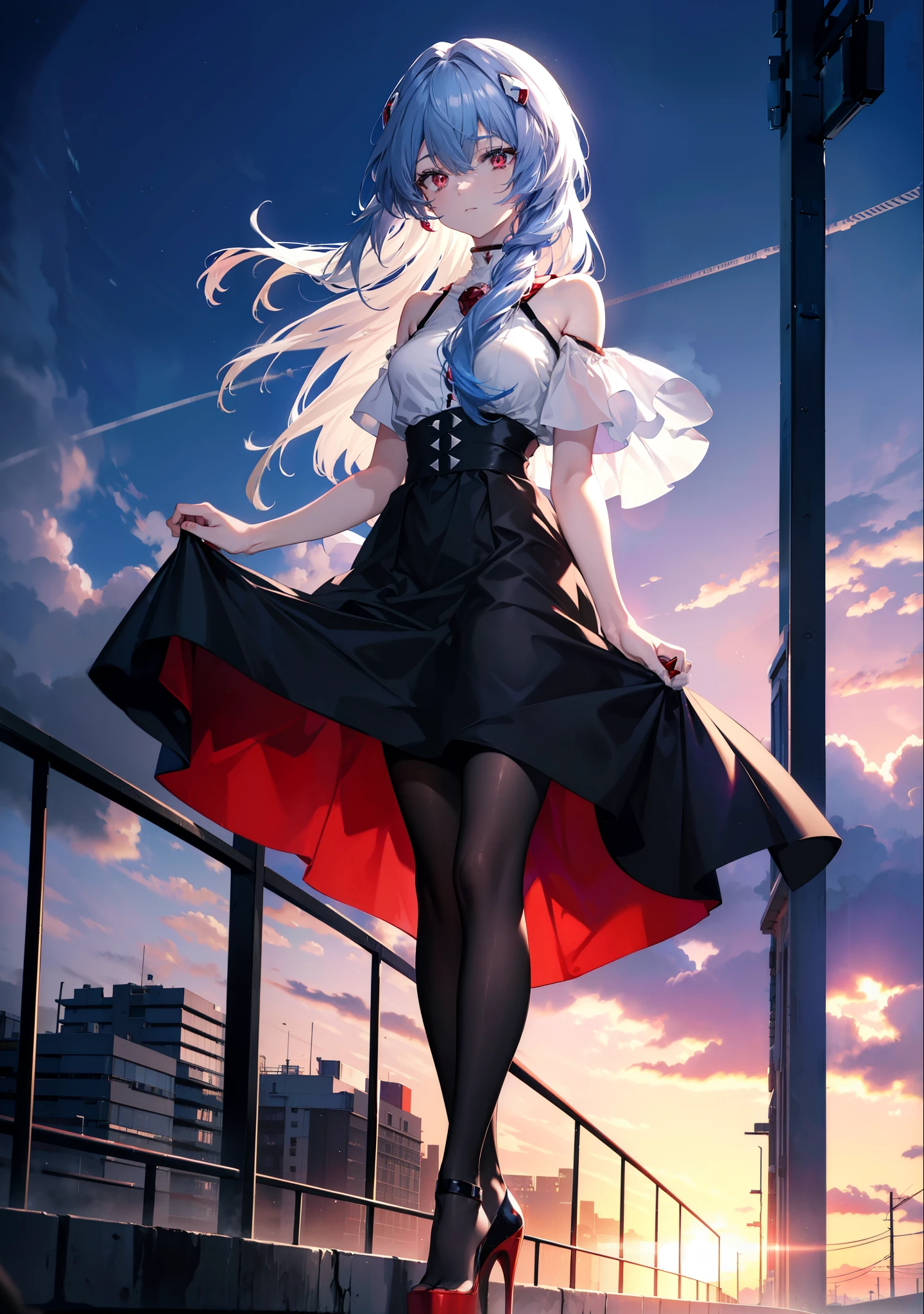 reiayanami, Rei Ayanami, Blue Hair, Long Hair, (Red ruby eyes:1.5),smile,black cold shoulder tops,Short sleeve,black long skirt,Black pantyhose,Stiletto heels,evening,sunset,walking,whole bodyがイラストに入るように,
break outdoors, ビル街
break looking at viewer, whole body,
break (masterpiece:1.2), highest quality, High resolution, unity 8k wallpaper, (figure:0.8), (Beautiful fine details:1.6), Highly detailed face, Perfect lighting, Highly detailed CG, (Perfect hands, Perfect Anatomy),