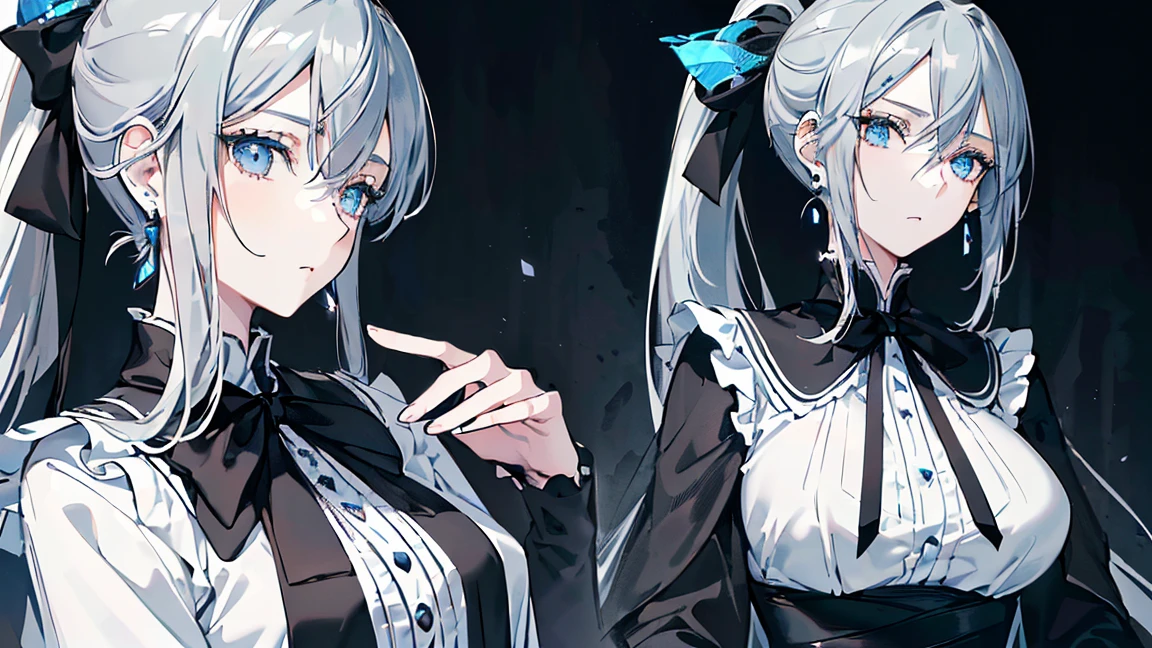 ((Beautiful and elegant girl)), Big Blue Eyes, 1. Slender women, Slightly larger breasts, ((Gray Hair),((Black ribbon ponytail,)),In 8K, highest quality, (Highly detailed head: 1.0), (Highly detailed face: 1.0), (Highly detailed hair: 1.0),((Black Costume)、Jewelry Earrings,Detailed official artwork, Beautiful and detailed anime art,(Expressionless)