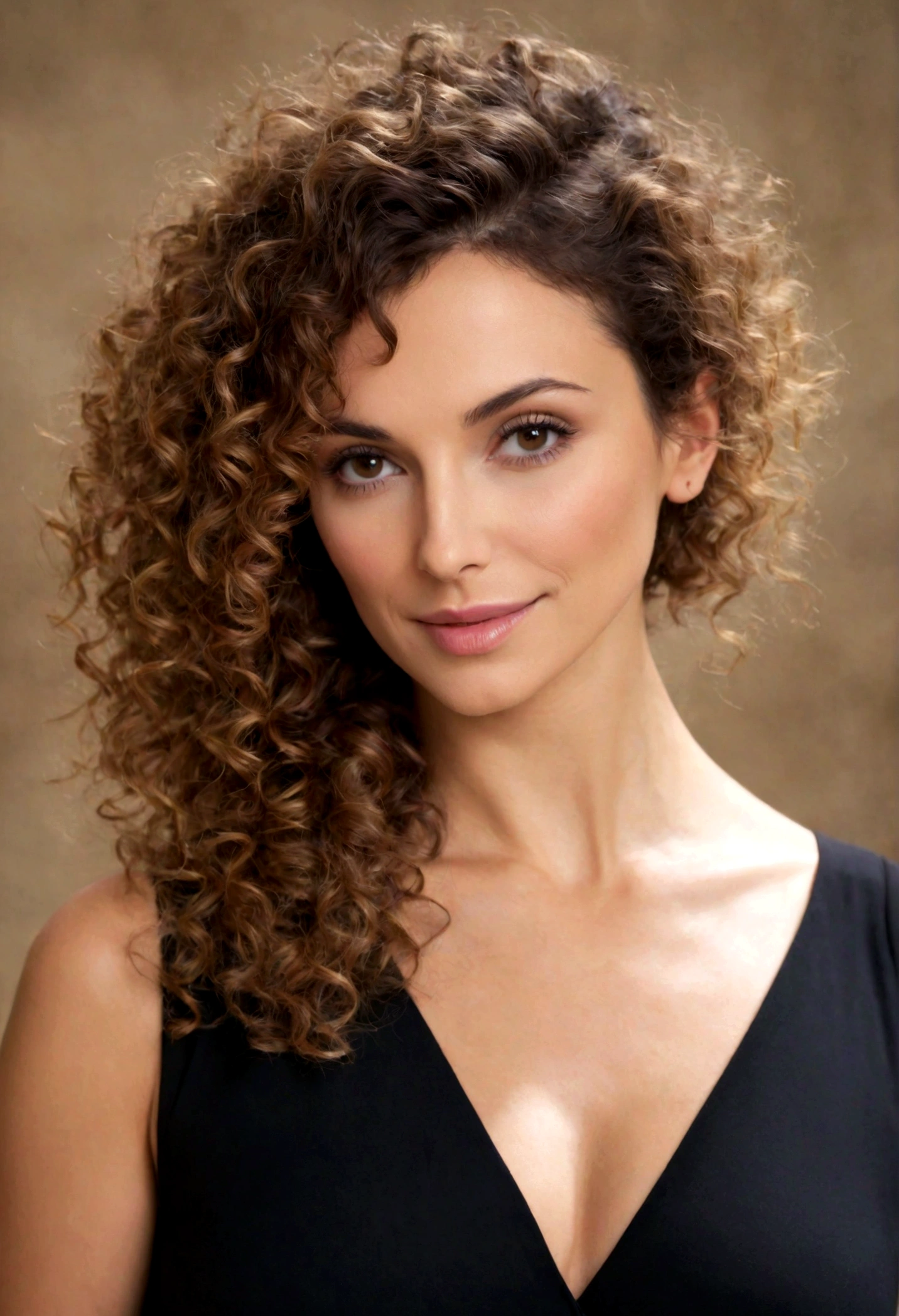 A 50 years old woman, age wrinkles, skin details, large honey eyes, (voluminous, well-defined, dark curly hair. Her curls are large and natural, with significant volume, creating a full and lush appearance. The hair is slightly parted to the side, adding a touch of asymmetry. The overall look is vibrant and dynamic, highlighting the natural texture of her curls.), luxury setting, glamorous, sophisticated, mature beauty, captivating eyes, high cheekbones, radiant smile, ((classic Mediterranean features)), ((sharp jawline)), ((full lips)), ((expressive eyes)), ((dark eyelashes)), ((rounded face)), (thin nose:1.5)).