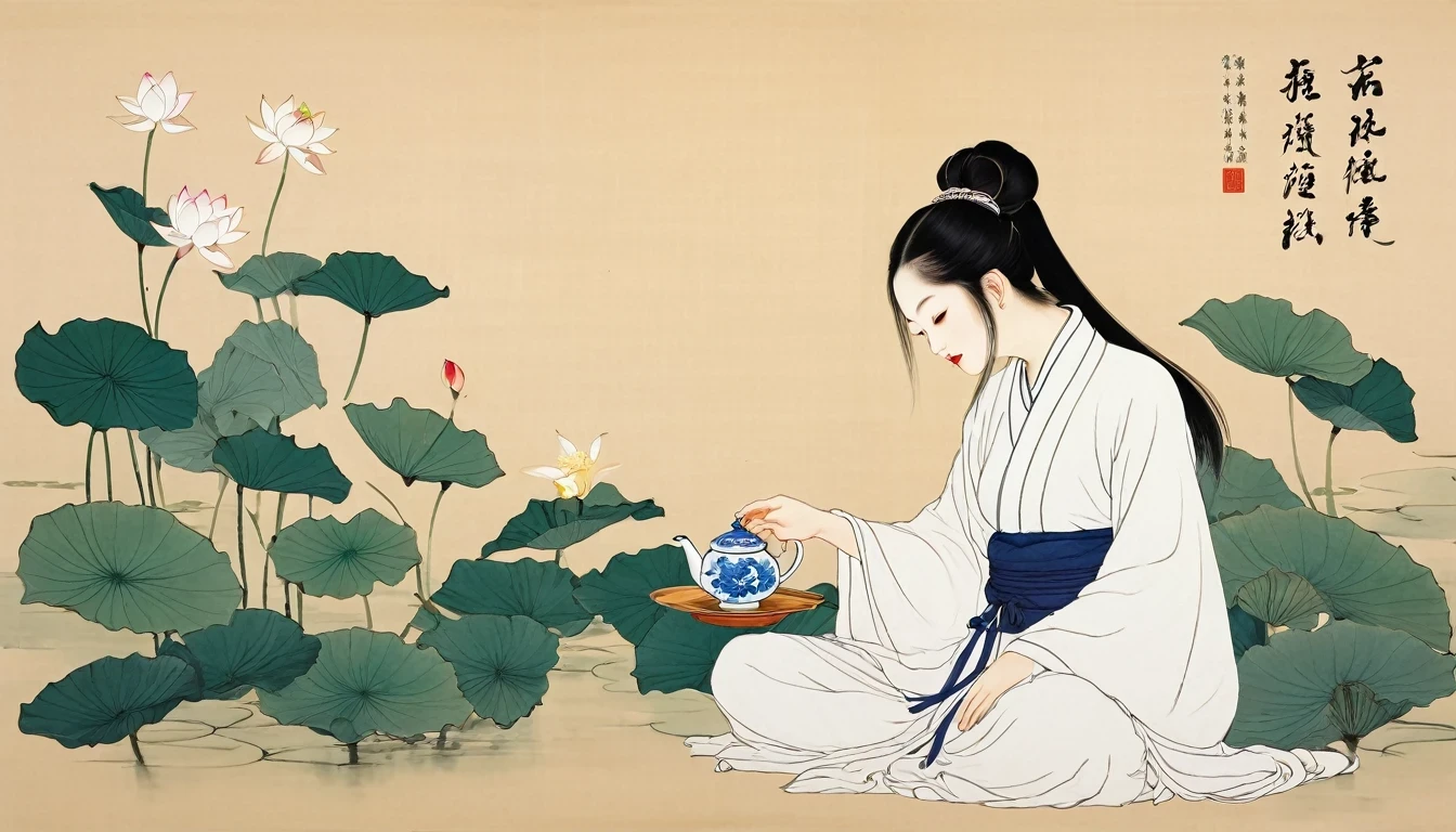 (Leave a lot of white:1.5)，white, White background, simple, Minimalism, abstract,Freehand，Aesthetic，Tai Chi，Gossip，Black and white，Taoist style，Ink Painting，antiquity，Lotus，Girl drinking tea， Chinese traditional ink painting, Traditional Chinese Art, author：Guo Xi, author：Ma Yuoneyu, traditional Chinese painting, author：Xu Xi, author：Luo Mu, author：Yoneg Buzhi, author：Li Kelone, author：wisdom&#39;one, Ink Painting ) ) ) ), Chinese ink painting, Traditional Chinese painting style