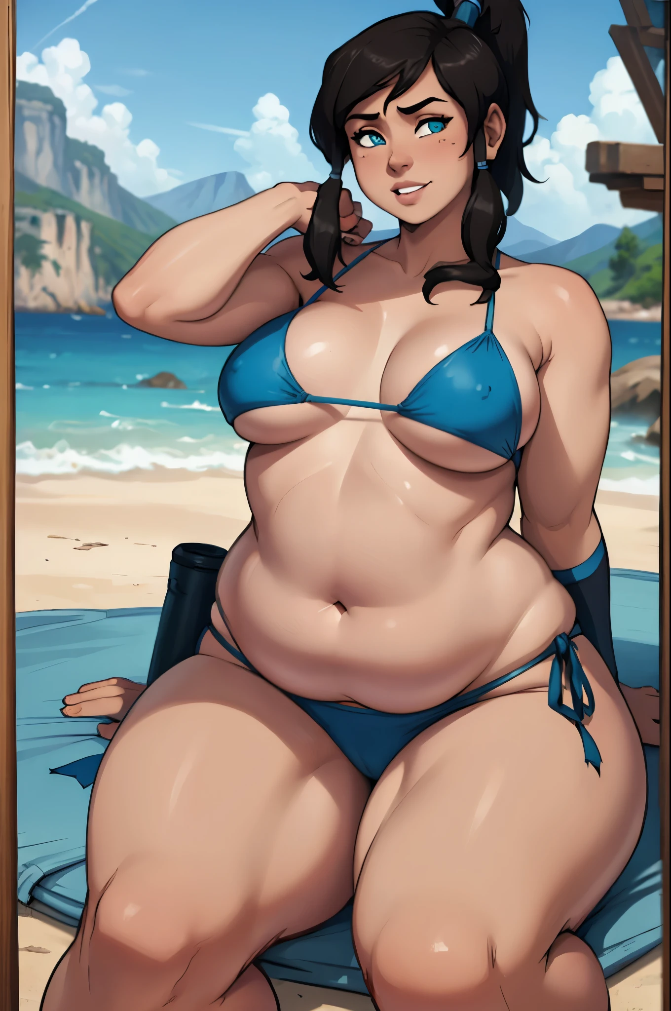 Korra, avatar Korra, chubby, blue water tribe bikini, ponytail, chubby, skinny face, curvy, fat, teasing, having fun, teasing you, sitting, thick thighs, fat belly, overweight. large breasts,