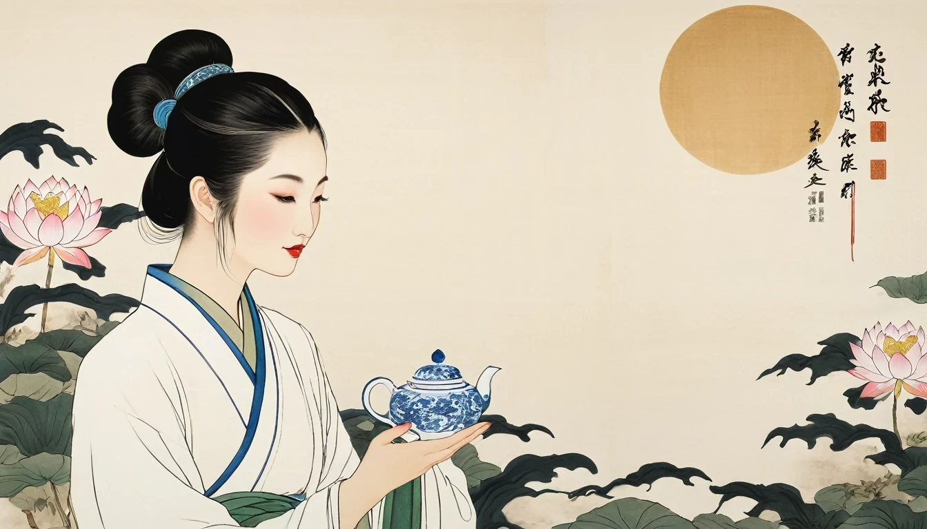(Leave a lot of white:1.5),white, White background, simple, Minimalism, abstract,Freehand,Aesthetic,Tai Chi,Gossip,Black and white,Taoist style,Ink Painting,antiquity,Lotus,Girl drinking tea, Chinese traditional ink painting, Traditional Chinese Art, author:Guo Xi, author:Ma Yuoneyu, traditional Chinese painting, author:Xu Xi, author:Luo Mu, author:Yoneg Buzhi, author:Li Kelone, author:wisdom'one, Ink Painting ) ) ) ), Chinese ink painting, Traditional Chinese painting style