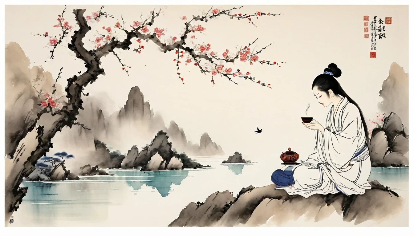 (Leave a lot of white:1.5),white, White background, simple, Minimalism, abstract,Freehand,Aesthetic,Tai Chi,Gossip,Black and white,Taoist style,Ink Painting,antiquity,Lotus,Girl drinking tea, Chinese traditional ink painting, Traditional Chinese Art, author:Guo Xi, author:Ma Yuoneyu, traditional Chinese painting, author:Xu Xi, author:Luo Mu, author:Yoneg Buzhi, author:Li Kelone, author:wisdom'one, Ink Painting ) ) ) ), Chinese ink painting, Traditional Chinese painting style