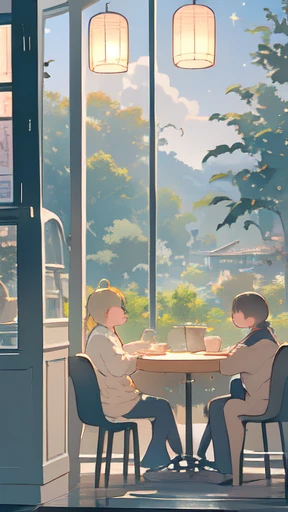 (coffee shop, cafe, cafe latte, relax mood, daytime), crowd, mob, early summer air, aesthetic, Ghibli background style, cute storybook illustration, gentle soft lighting, Giorgio Morandi Colors, thick line graph, full-color illustration, cover illustration, scenery, dabai style, masterpiece, Best quality at best,