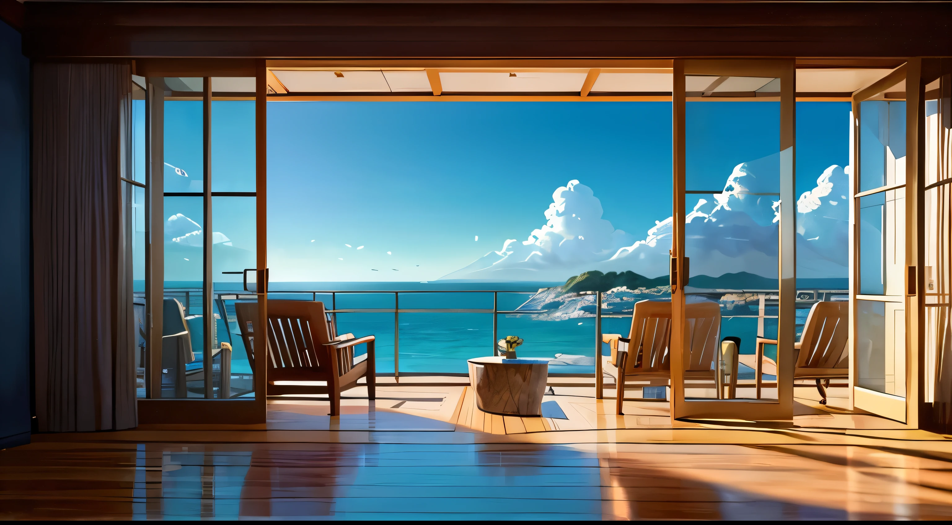 Japanese cartoons, cafe with sea view, Realistic Painting Inspired by Michael Cormack, Popular on Art Station, magic realism, Space sky. by Xin Haicheng, ( ( Xin Haicheng ) ), by Xin Haicheng, Relaxation concept art, Xin Haicheng. —h 2160