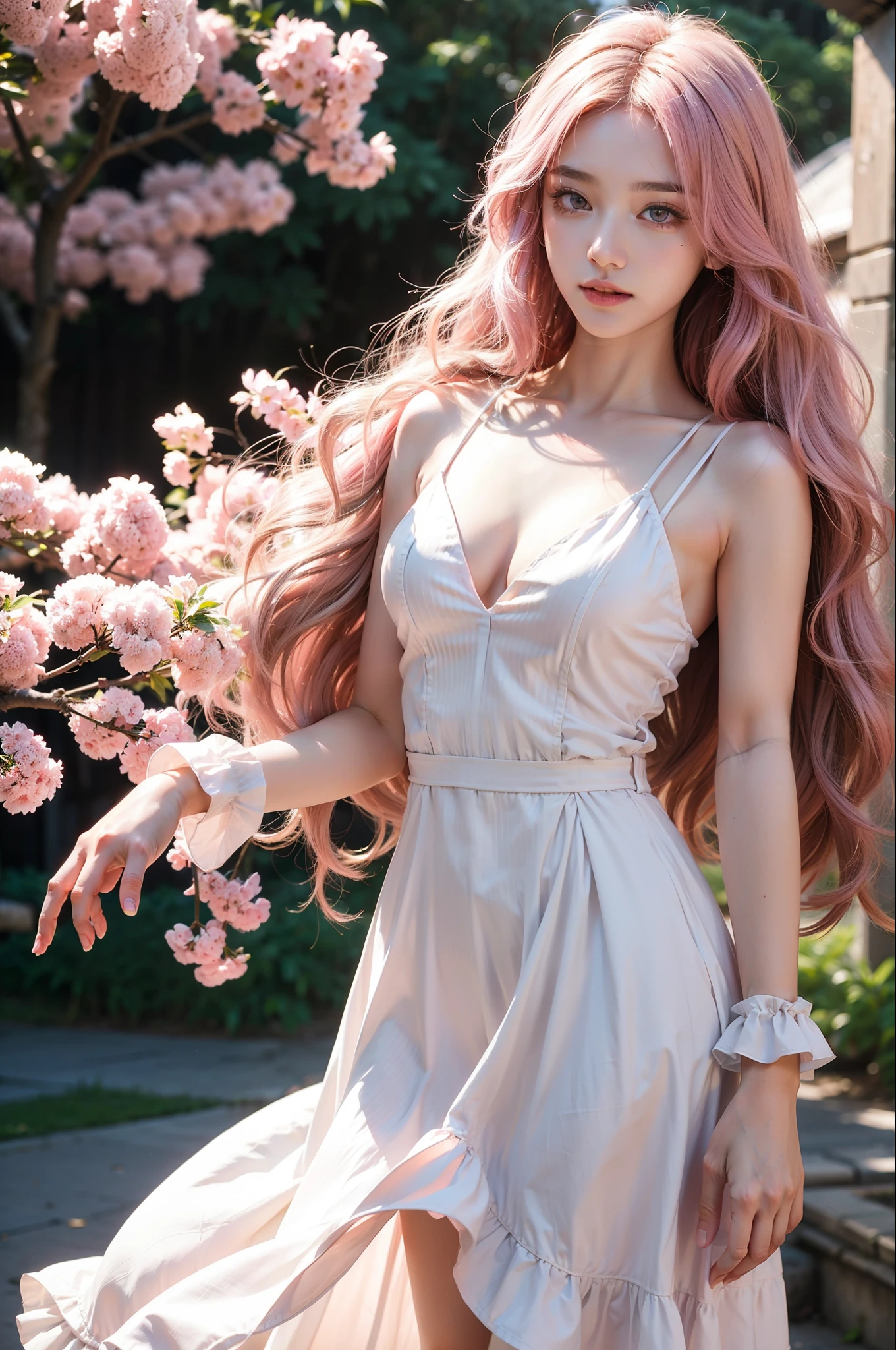 light pink hair, pink eyes, pink and white, Sakura leaves, bright colors, white dress, splash color, simple background, Ray tracing, wavy hair 云曦