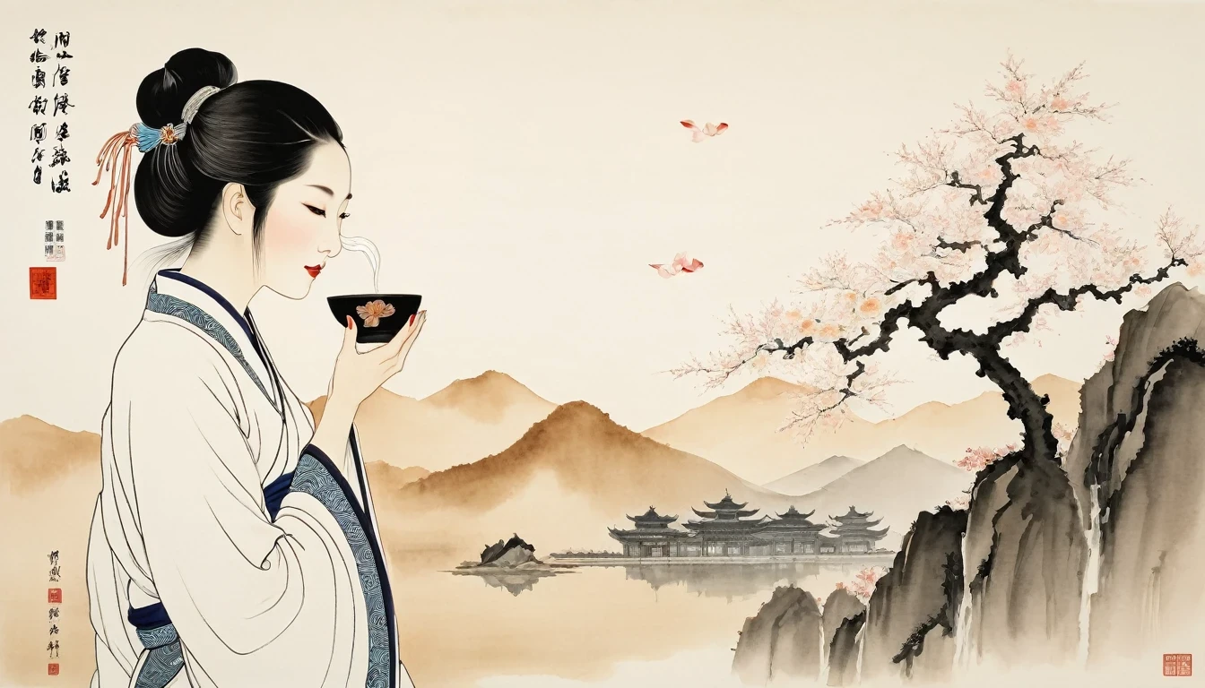(Leave a lot of white:1.5),white, White background, simple, Minimalism, abstract,Freehand,Aesthetic,Tai Chi,Gossip,Black and white,Taoist style,Ink Painting,antiquity,Lotus,Girl drinking tea, Chinese traditional ink painting, Traditional Chinese Art, author:Guo Xi, author:Ma Yuoneyu, traditional Chinese painting, author:Xu Xi, author:Luo Mu, author:Yoneg Buzhi, author:Li Kelone, author:wisdom'one, Ink Painting ) ) ) ), Chinese ink painting, Traditional Chinese painting style
