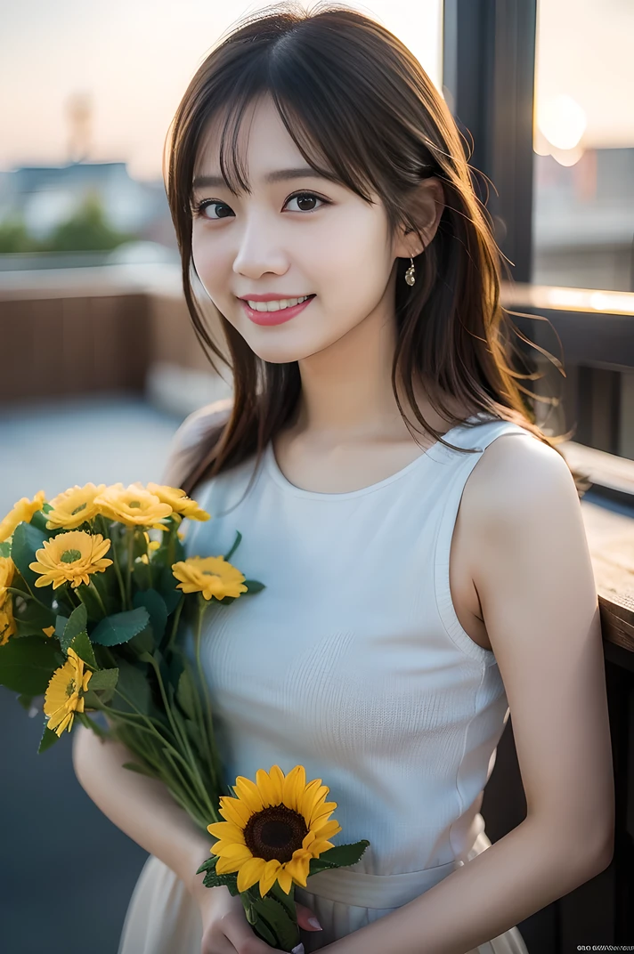 (8k, RAW Photos, highest quality、masterpiece:1.2), (Realistic、Realistic:1.37), Super detailed, High resolution, 1 girl, laughing, View your viewers, Beautifully detailed face、(Holding a bouquet:1.3),Beautiful and detailed skin、Skin Texture、Floating Hair、Professional Lighting、