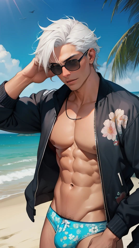 facial expression like masturbation, 1boy, bikini, Tight muscles, Broad shoulders, Handsome and old, Tiny underwear, Sexy, sex, Guy, Gay, Sea, jacket, sunglasses, boy, floral bikini, bright white hair,