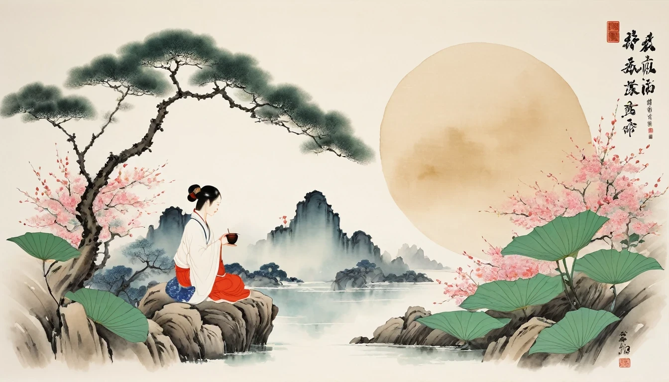 (Leave a lot of white:1.5)，white, White background, simple, Minimalism, abstract,Freehand，Aesthetic，Tai Chi，Gossip，Black and white，Taoist style，Ink Painting，antiquity，Lotus，Girl drinking tea， Chinese traditional ink painting, Traditional Chinese Art, author：Guo Xi, author：Ma Yuoneyu, traditional Chinese painting, author：Xu Xi, author：Luo Mu, author：Yoneg Buzhi, author：Li Kelone, author：wisdom&#39;one, Ink Painting ) ) ) ), Chinese ink painting, Traditional Chinese painting style