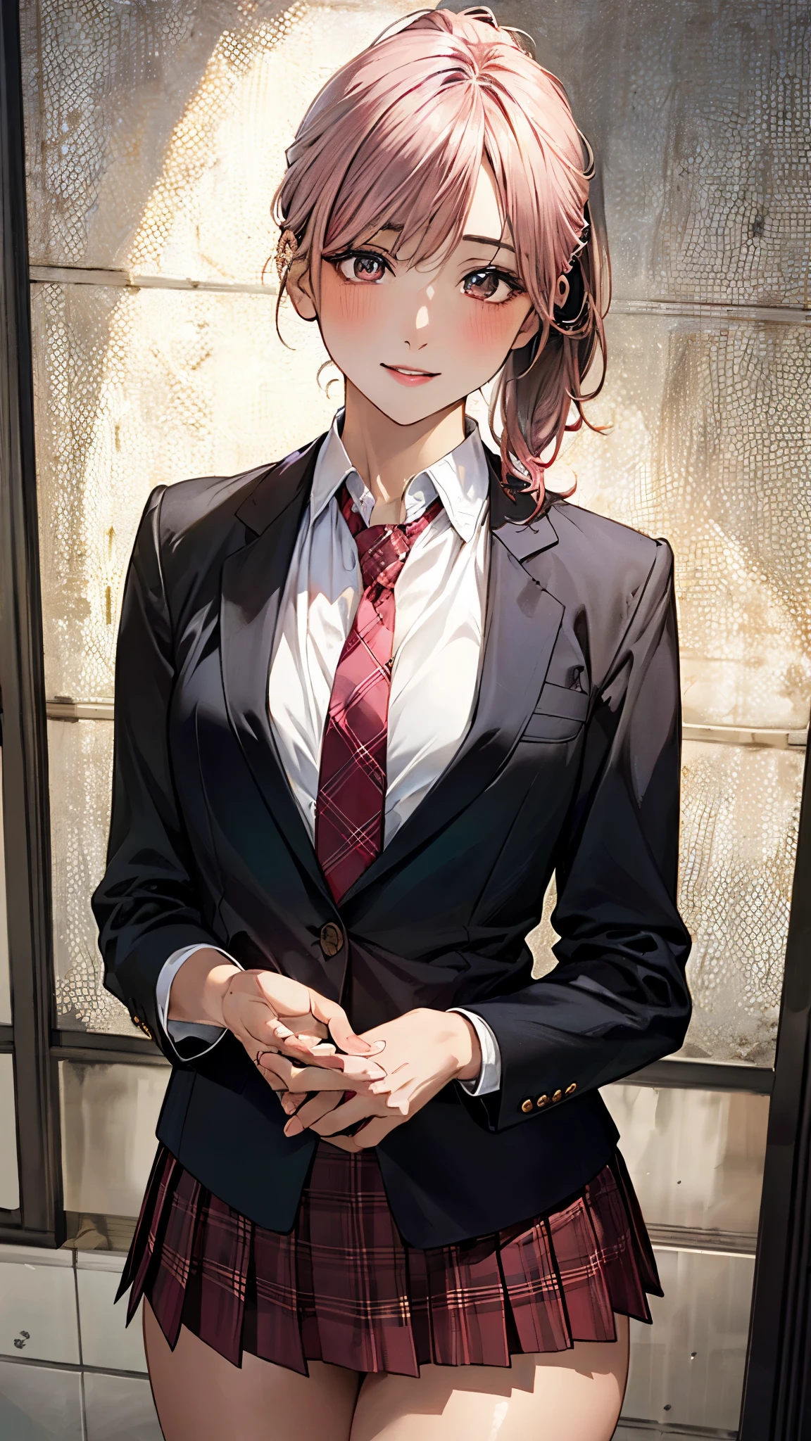 (masterpiece:1.3, top-quality, ultra high res, ultra detailed), (realistic, photorealistic:1.4), beautiful illustration, perfect lighting, natural lighting, colorful, depth of fields, ,
beautiful detailed hair, beautiful detailed face, beautiful detailed eyes, beautiful clavicle, beautiful body, beautiful chest, beautiful thigh, beautiful legs, beautiful fingers, shiny skin,
looking at viewer, 1 girl, high school girl, (perfect anatomy, anatomically correct, super detailed skin), cute and symmetrical face, babyface, perfect face, perfect eyes, slender,
(short hair, low ponytail, pink hair), bangs, light brown eyes, slant eyes, long eye lasher, (medium breasts, seductive thighs),
((black blazer, white collared shirt, white shirt, red plaid pleated skirt, pink tie)), ,
(beautiful scenery), evening, (dining room), hands on chest, (lovely smile, upper eyes, parted lips),