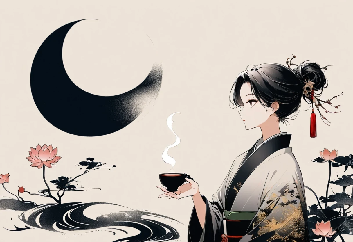 (Leave a lot of white:1.5)，white, White background, simple, Minimalism, abstract,Freehand，Aesthetic，Tai Chi，Gossip，Black and white，Taoist style，Ink Painting，antiquity，Lotus，Girl drinking tea