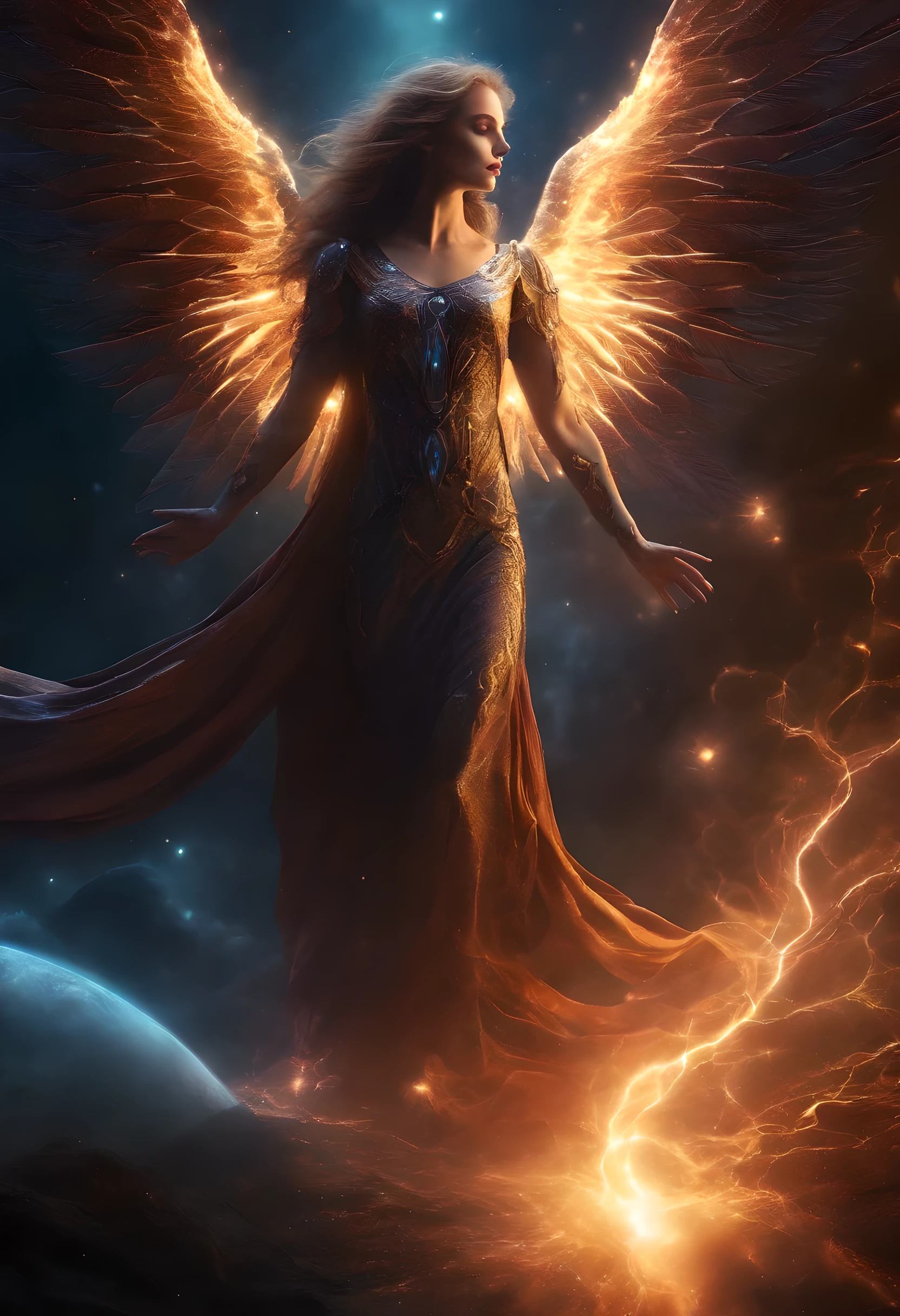 Cosmic Fallen Angel, glowing light eyes, Biomechanical, eerie, Creepy, nightmarish, Very bright colors, Light particles, with light glowing, Mshiff, wallpaper art, UHD wallpaper