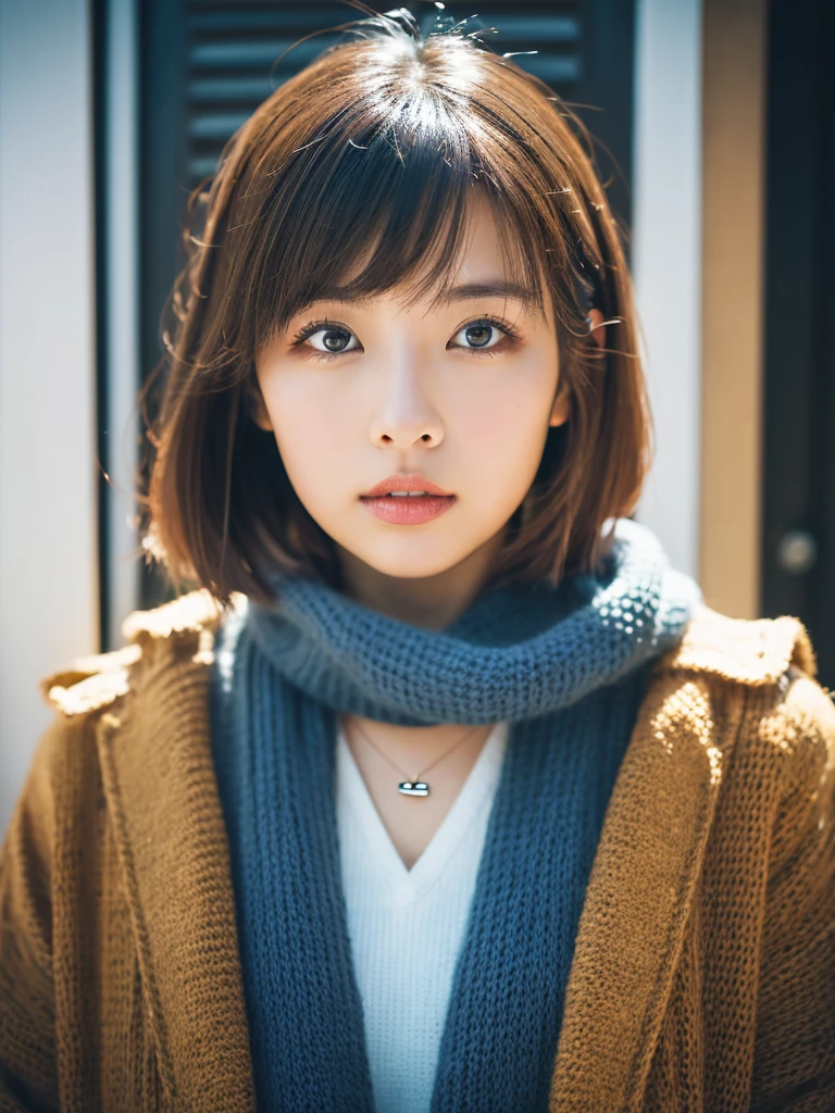 White wall、In front of a white door、(窓のあるWhite wallの部屋)、Shot in natural light、Highly detailed face and Skin texture、highly detailed lipS、correct State of the human body、Super high reSolution、(Photorealistic:1.4)、highest quality, 1. Beautiful Women, 28 yearS old, S, 100mm lenS、Light blue knit、(Dark brown medium Shorthair)、JapaneSe woman with bob、(Dark brown hair)、VerSatile poSeS、Looking into the camera、Natural color lip、Winter clotheS、 necklace