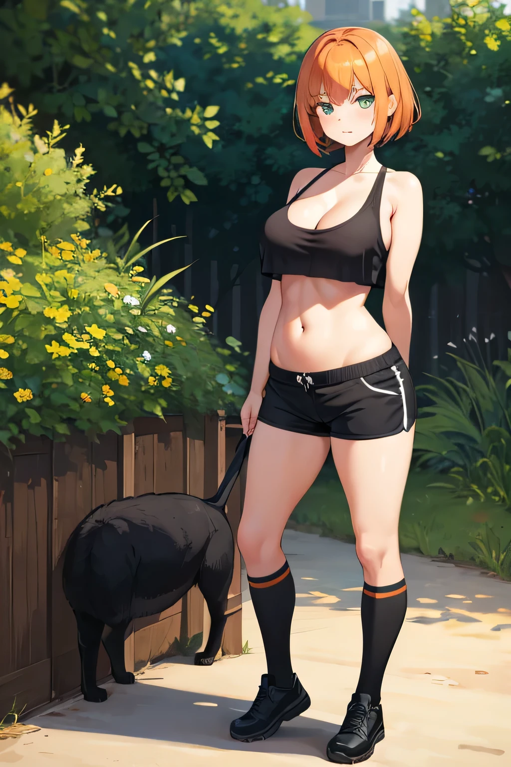 1girl, short orange hair, black-green eyes, black tank, blue shorts, black footwear, deep cleavage, large breasts, outside, sunny day, realistic, glowing eyes, standing girl, full body, navel, chubby girl