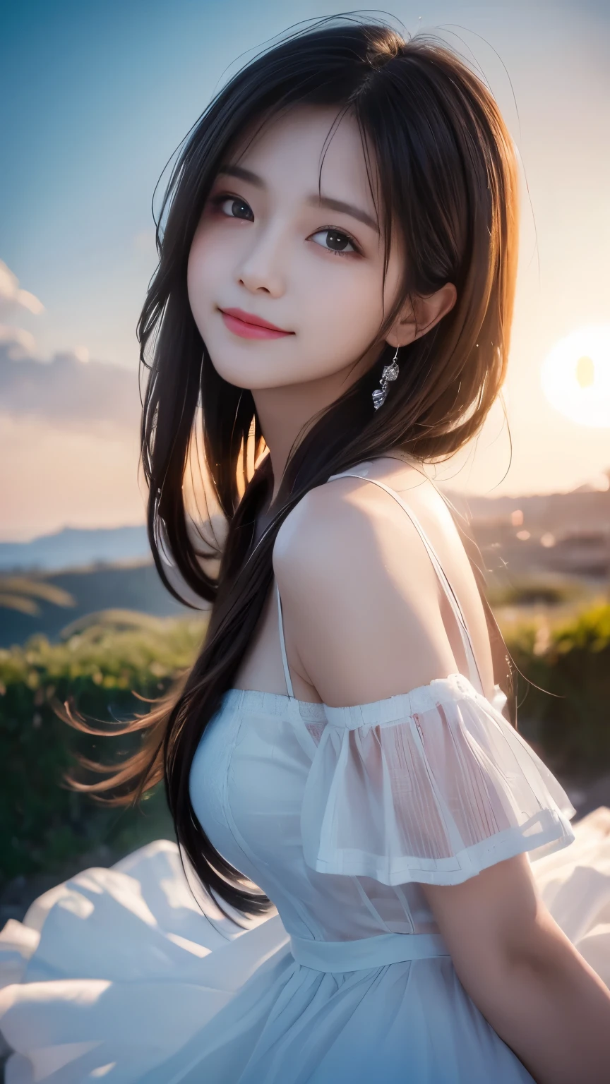 (logo、masterpiece、8K、Tabletop、RAW Photos、wonderful、最high quality、Photorealistic and very detailed CG composite 8k wallpaper、high quality、Very detailed、Narrative poem、Particle Effects、Dynamic Effects、Depth of the Boundary)What is written is、Cinematic Light、Lens flare、Ray Tracing)、Fantasy、(night、Night Sky、Starry Sky、full moon)、(A girl looking up at the sky)、sit、 cute、Japanese、(smile)、Long Black Hair、Strong winds、(Hair blowing in the wind)、(White Dress)、Natural light、moonlight、(Horizontal photography)、(Bust up shot)、(Low position)、(Low - Angle)