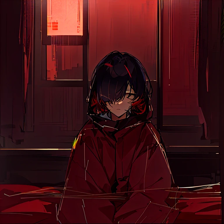 Boys。Sitting on the bed。Alone in a dimly lit room。Head down,The bangs fell down and covered the eyes。front Photo,A daze expression。