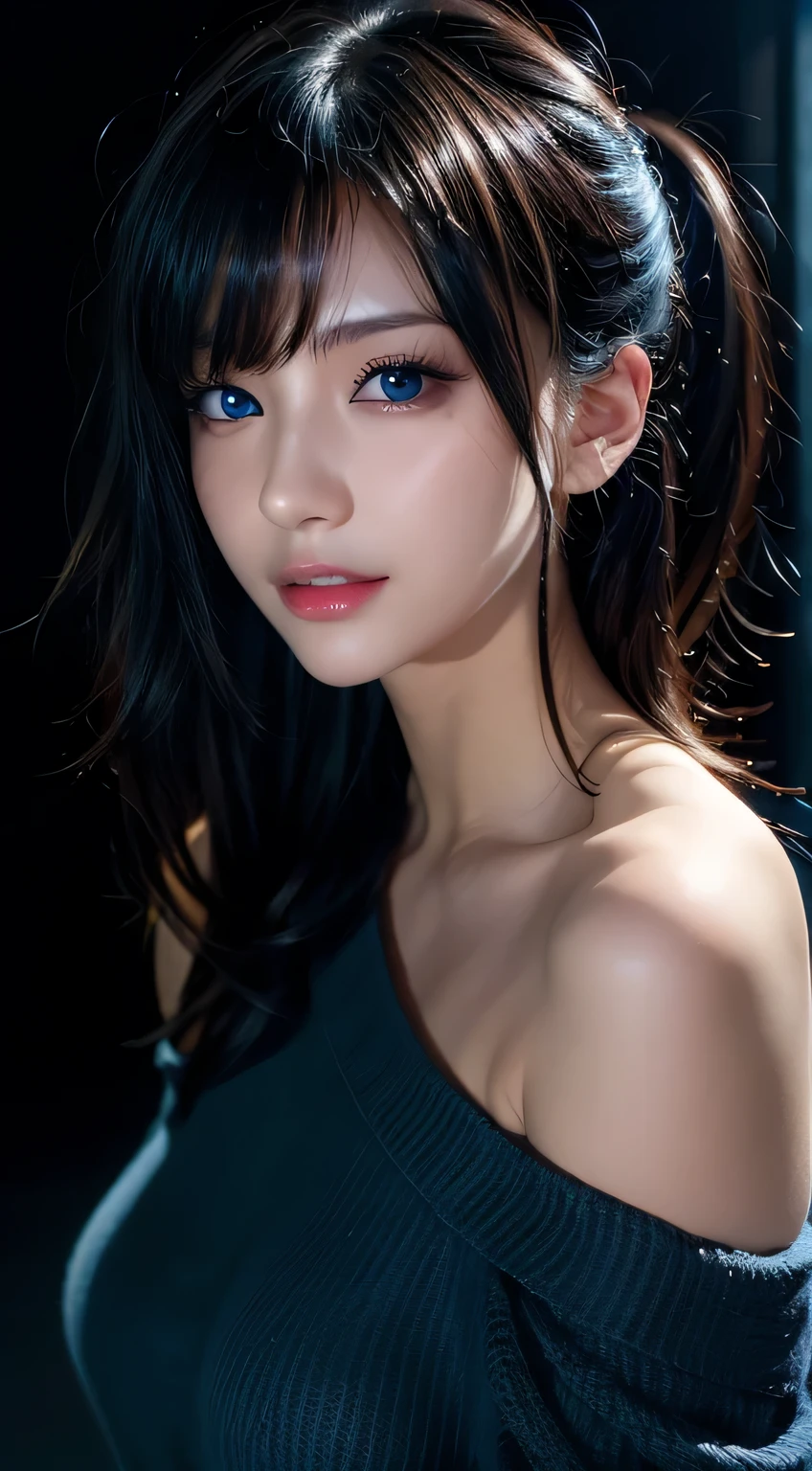 ultra high res, masterpiece, best quality, perfect glossy shiny skins, perfect lighting, detailed lighting, dramatic shadows, ray tracing, black sweater, looking at viewer, off shoulder, blue Eyes, sharp face, sharp eyes, Cyberpunk, long bangs, open mouse, ((Dark background))