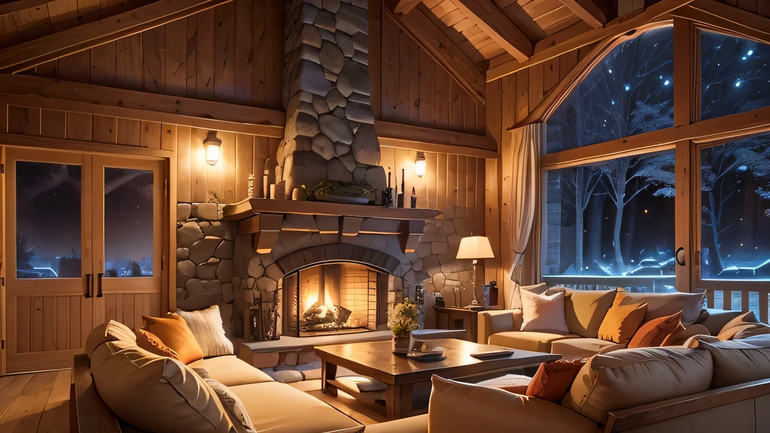 Cartoon background of wooden house living room, This night outside](Comfortable atmosphere), (Soft lighting), Bright stone fireplace fire, This is the best night, Transparent glass window