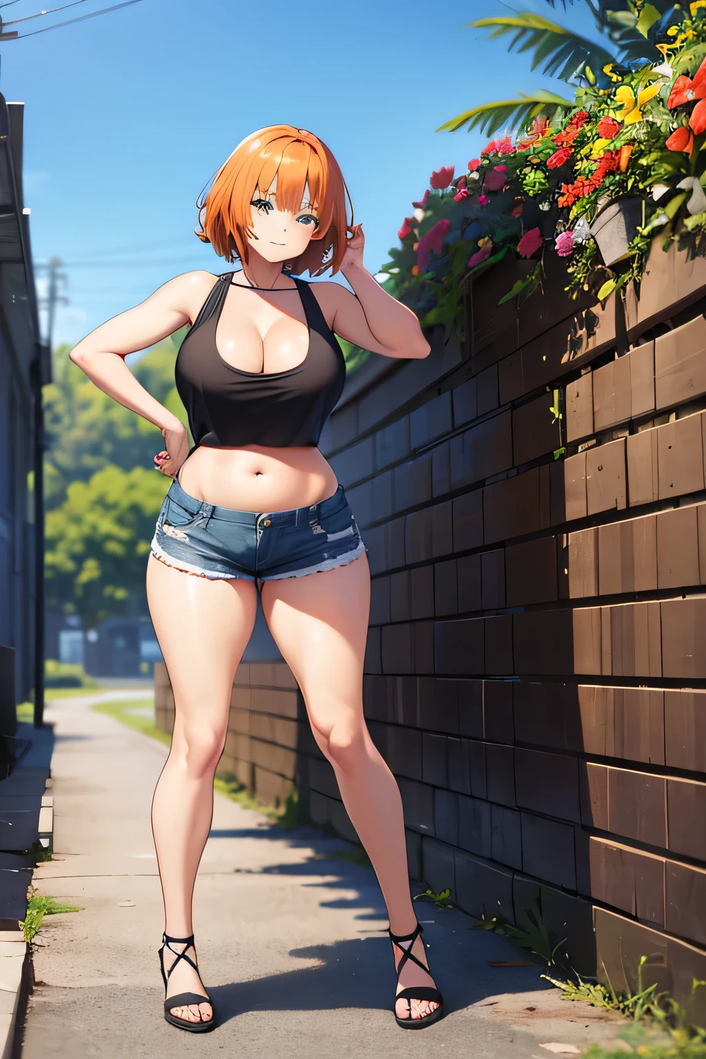 1girl, short orange hair, black-green eyes, black tank, blue shorts, black footwear, deep cleavage, large breasts, outside, sunny day, realistic, glowing eyes, standing girl, full body, navel, chubby girl