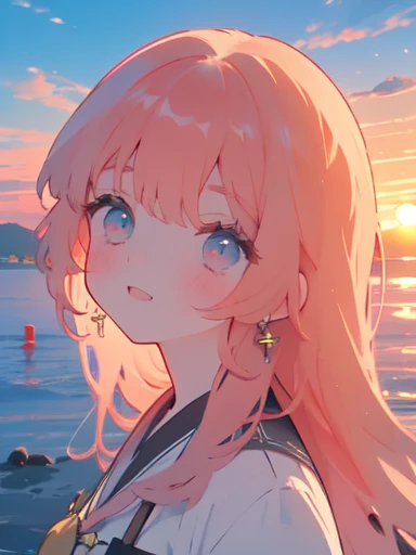 Anime Style, In the sky, Across the sea, Open both eyes, Fine-grained, In the sunset, smile, masterpiece, 4K, Detailed face, Good anatomy, highlight,  