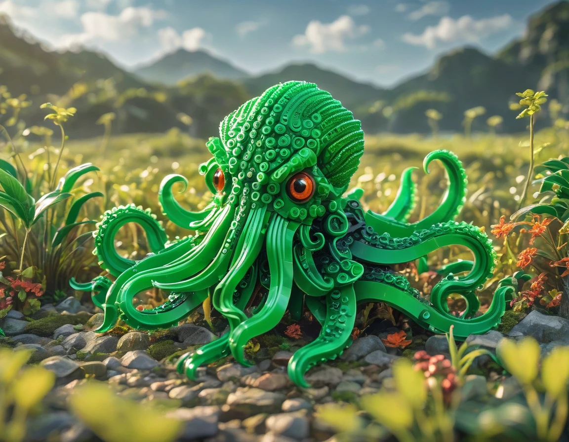 best quality, very good, 16K, ridiculous, Extremely detailed, Lovely(((Cthulhu:1.3))),Made of translucent Lego bricks, Background grassland((A masterpiece full of fantasy elements))), ((best quality)), ((Intricate details))(8k)