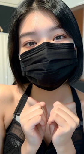 ((Wear a black mask))、((I hide my face with my hands)、Please hide your face with your hands、Shooting from below、Your eyes are smiling、bright、Are you okay、Shortcuts、18-year-old、目元はsmile、smile、With black underwear、Very obscene、((Selfie style in my room)),((student))、((Very young))、((very cute))、((So adorable))、((Please wear a black non-woven mask....)),highest quality, masterpiece, Ultra-high resolution, (Realistic:1.4), RAW Photos, Very detailed, Perfect Anatomy, 1 girl, 18-year-old, Famous idols of Japan, Front view, Crotch close-up,, ((Accentuate your breasts))