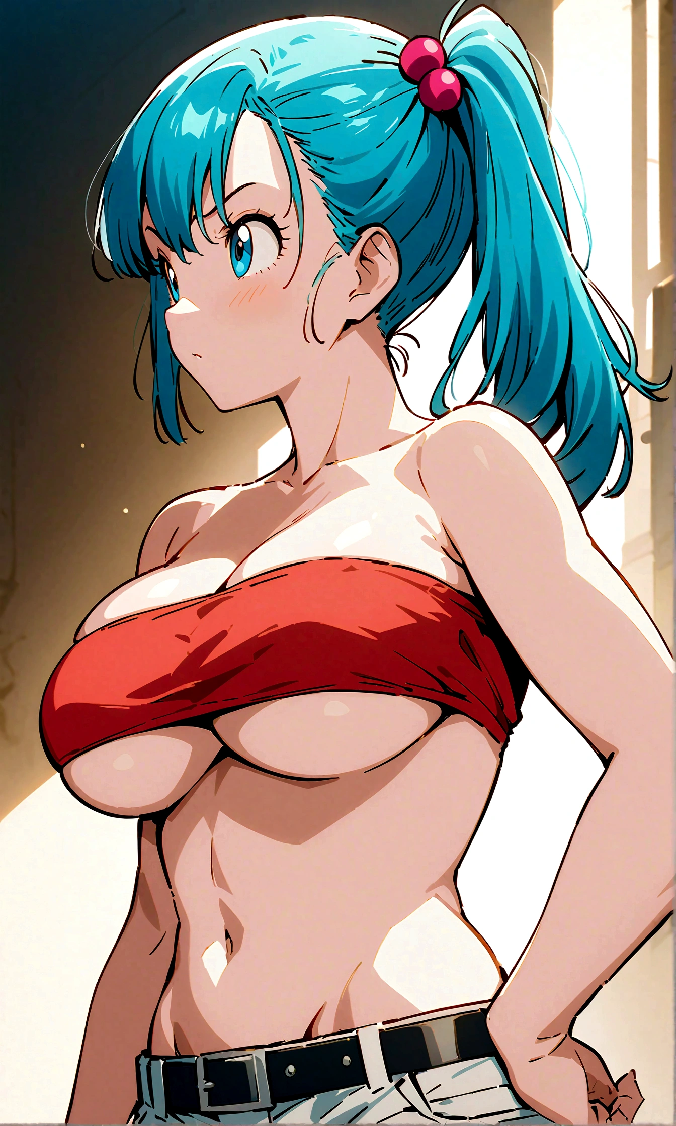  score_9, score_8_up, score_7_up, BREAK from side,mediumshot,1girl,bulma, blue eyes, blue hair,bare shoulders, belt, cleavage, hair bobbles, hair ornament, hair over shoulder, (big breast),midriff, navel, one side up, red tube top, shorts, side ponytail, (strapless, tube top,under_boob:1.2),(hand on own hip),masterpiece, best quality,  detailed body, highly detailed, anime coloring.