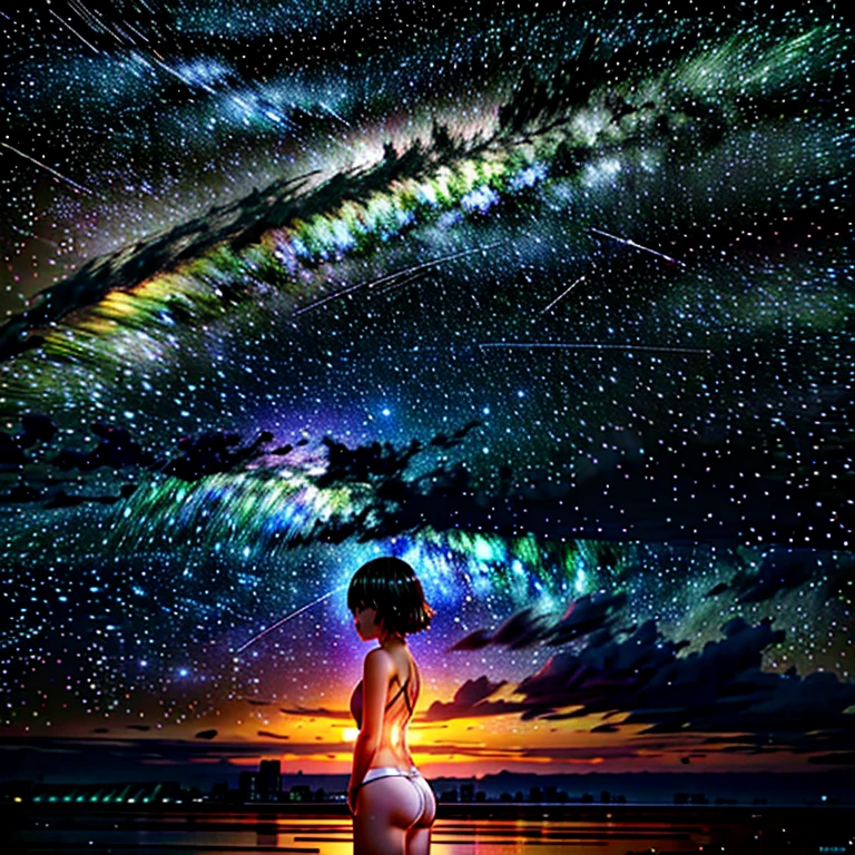 (4girls in WHITE Fundoshi), distant girls has FineSkin And RoundButt (staring at Sky), (zoomed out:1.3), (Dazzling meteor shower:1.2), (comet:1.1), low angle, from behind, aroura borealis, shooting star, standing in River,best quality, masterpiece, colorful clouds, starry,stars . (Acutance:0.85),(RAW Photo-realistic and Hyper-Realism:1.37), at Hakata GionYmakasa, Rainbow colors, VolumetricLighting