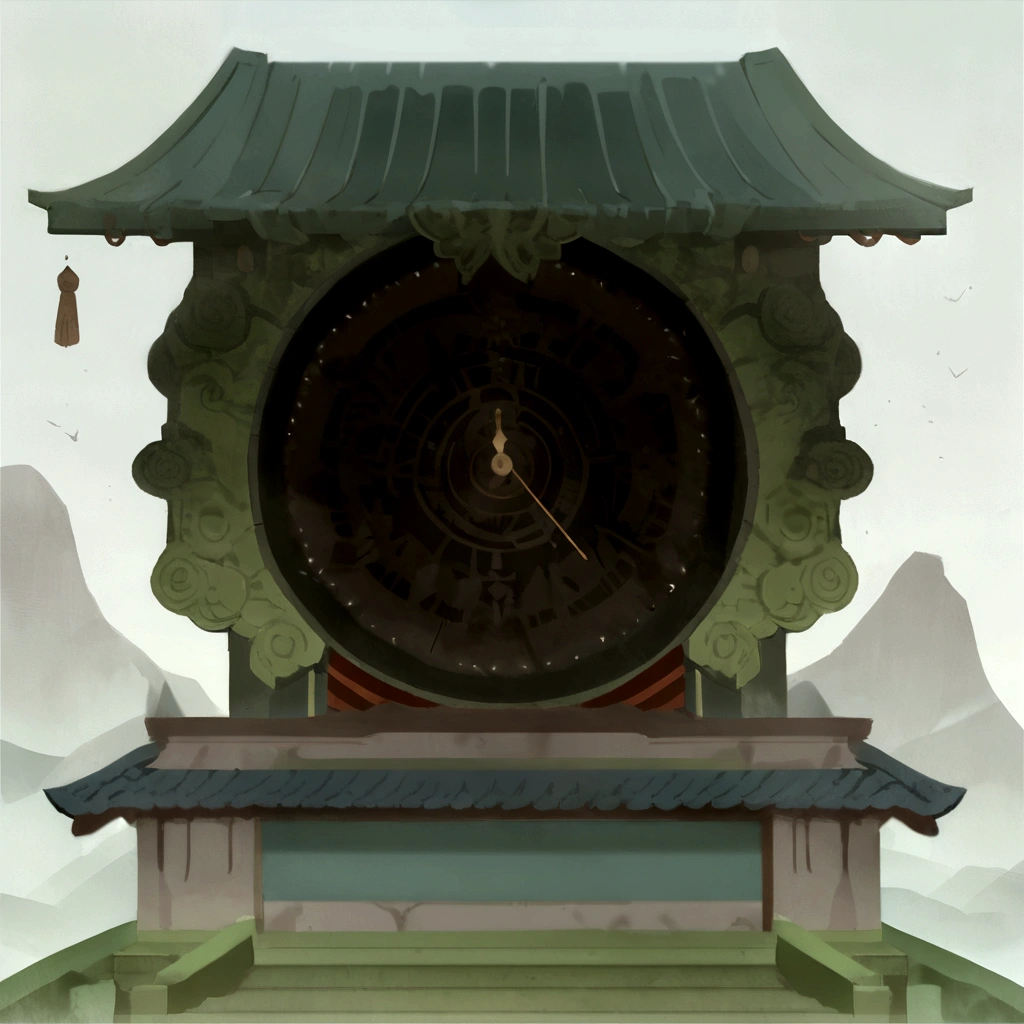 there is a clock that is sitting on a pedestal in a room, mythical shrine, legend of korra setting, temple background, ancient symbol behind it, mysterious temple setting, zen temple background, shrine, temple of the sun, inspired by Gong Xian, background depicting a temple, scales made of jade, artwork in the style of z.w. gu, gong