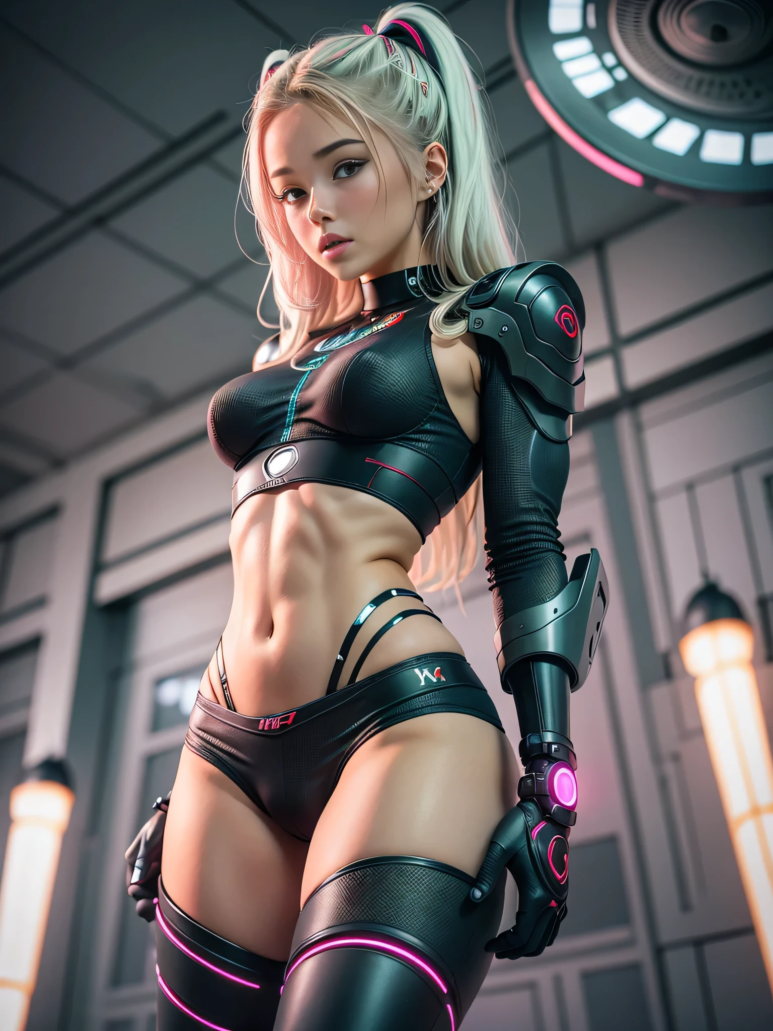 Woman body , cybernetic body parts, futuristic ascetic, 25yo, short underwear, sexy, dramatic lighting, neon glow